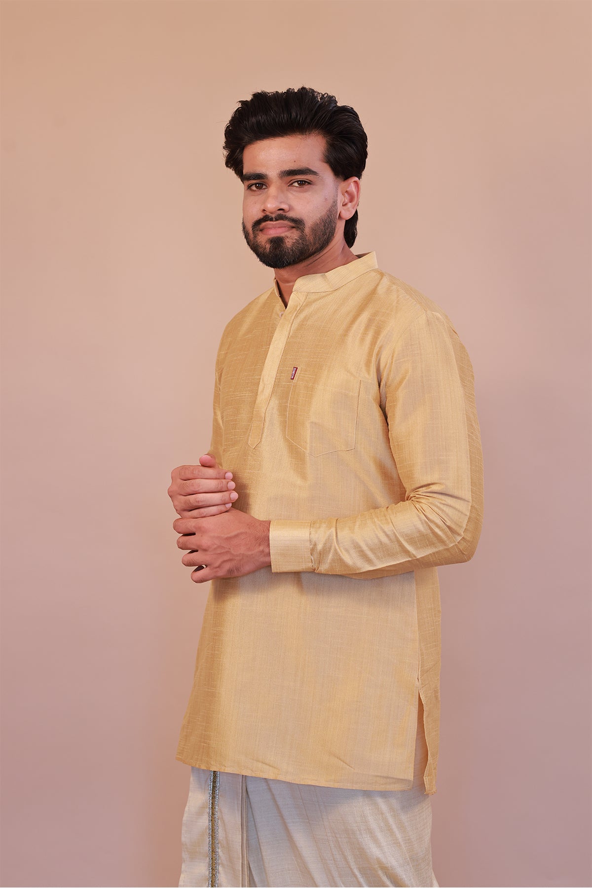 Men's Gold 6 Slub Zara Silk Short Kurta - Full Sleeve Ethnic Wear for Festive & Casual Occasions