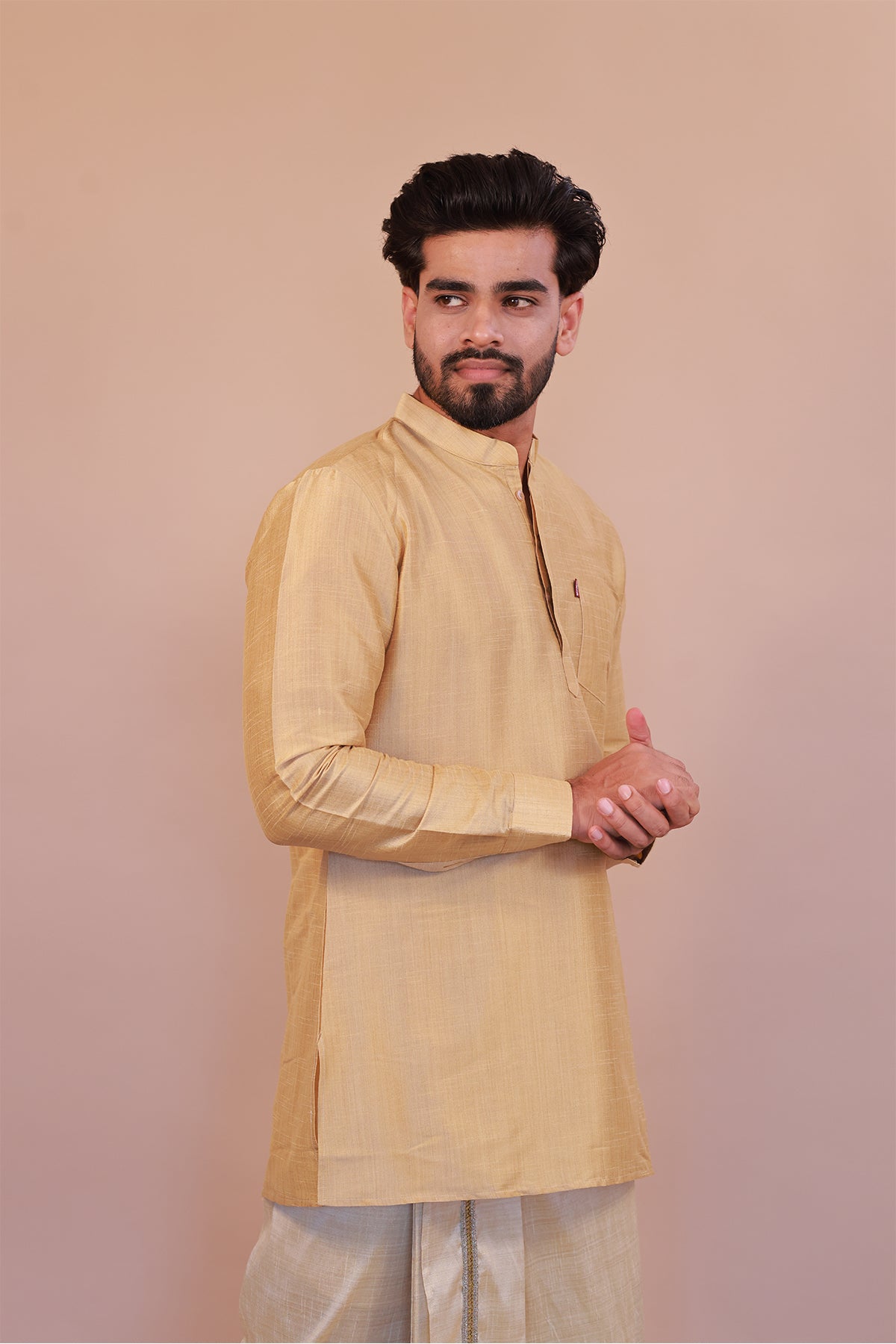 Men's Gold 6 Slub Zara Silk Short Kurta - Full Sleeve Ethnic Wear for Festive & Casual Occasions