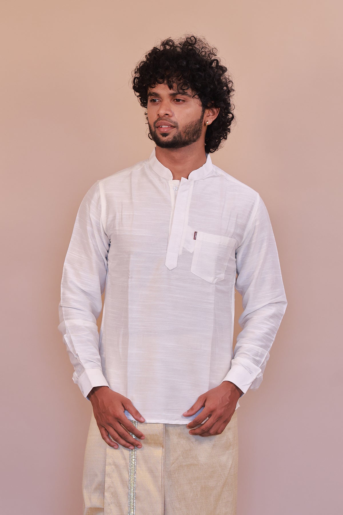 Men's White Slub Cotton Short Kurta - Full Sleeve Stylish Casual Attire