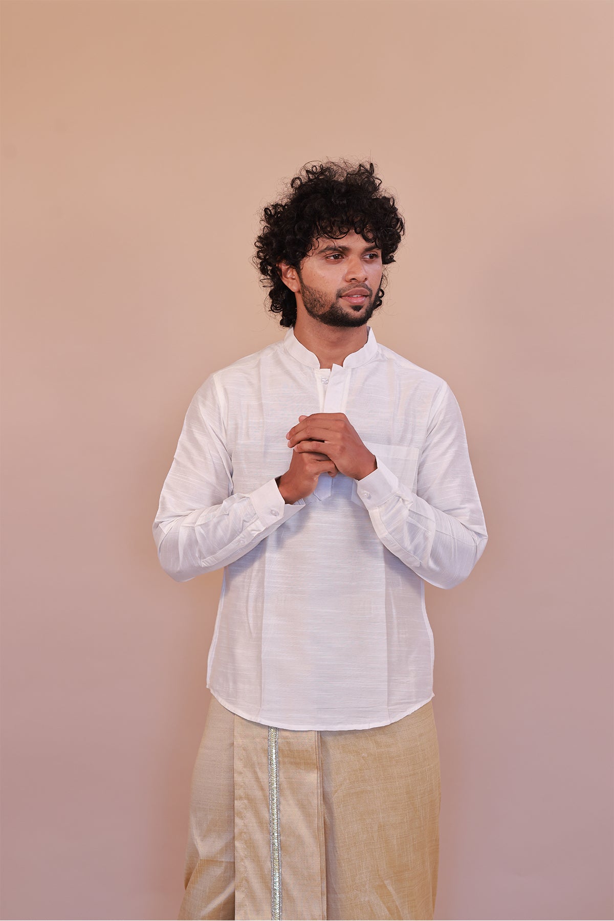 Men's White Slub Cotton Short Kurta - Full Sleeve Stylish Casual Attire