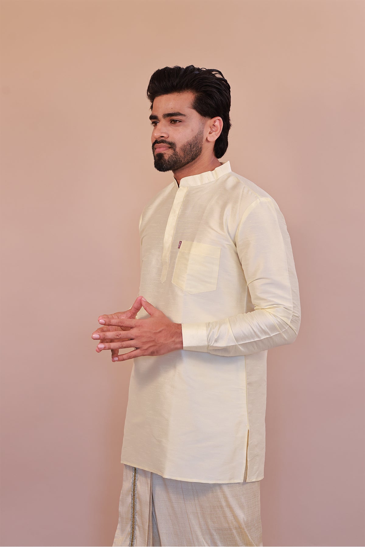 Men's Cream Dupion Silk Short Kurta - Full Sleeve Elegant Casual Ethnic Wear