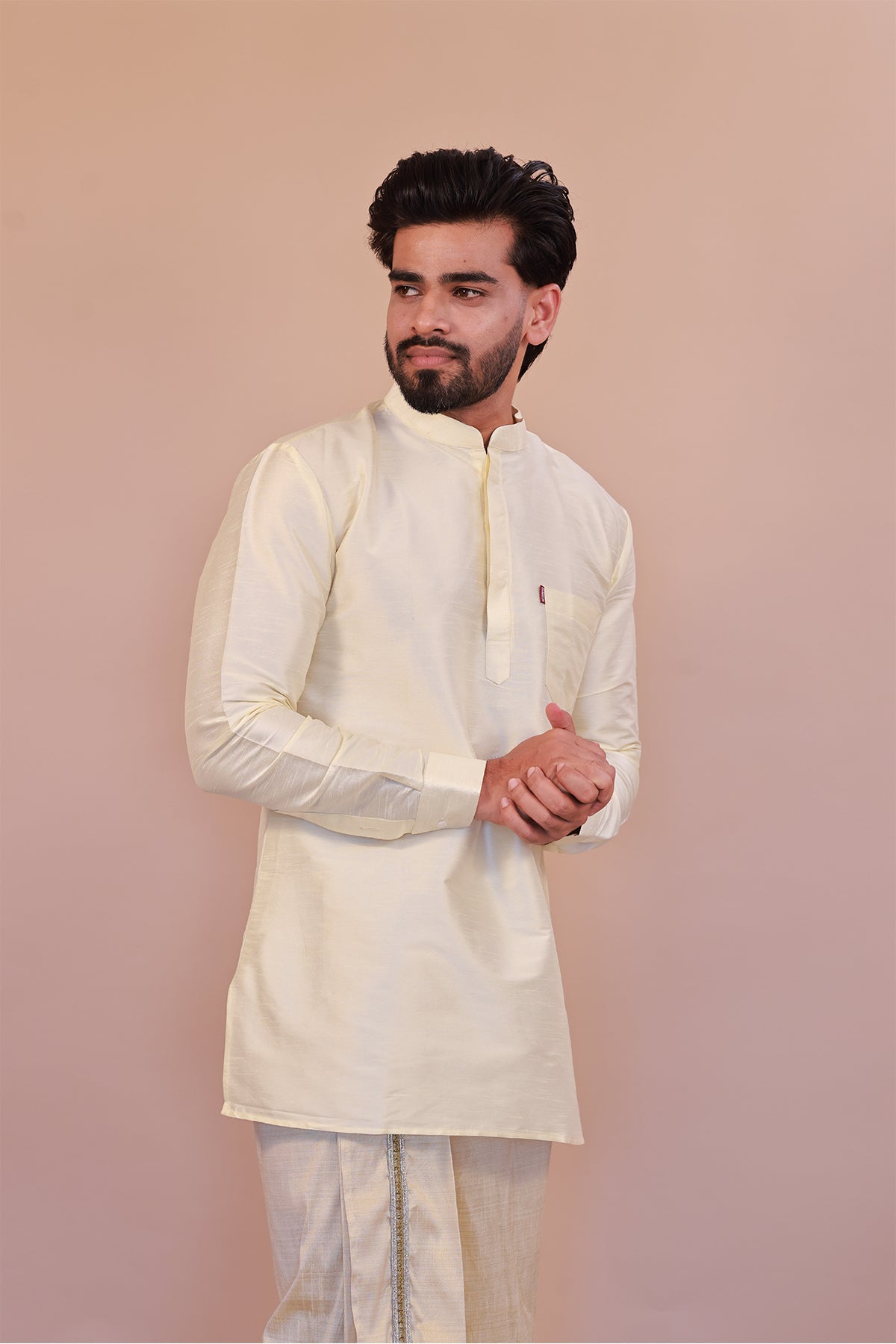 Men's Cream Dupion Silk Short Kurta - Full Sleeve Elegant Casual Ethnic Wear