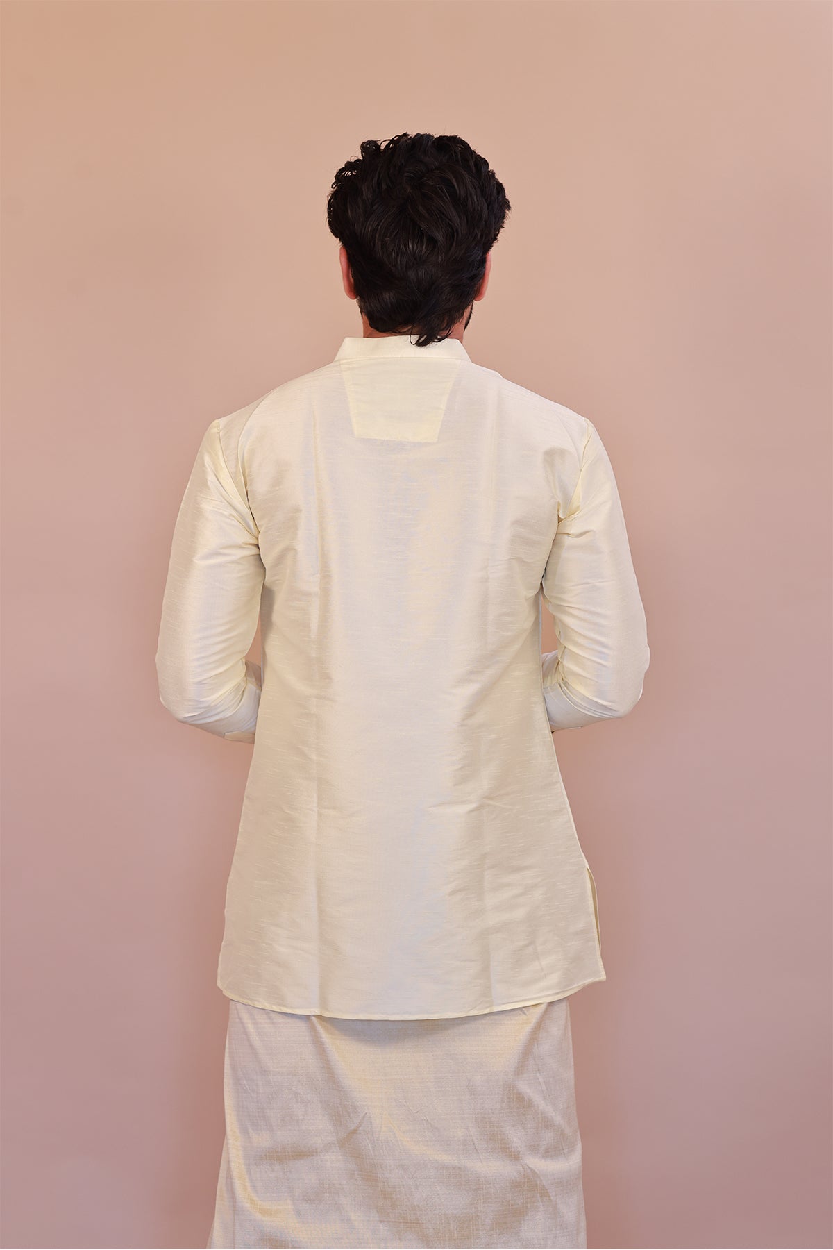 Men's Cream Dupion Silk Short Kurta - Full Sleeve Elegant Casual Ethnic Wear