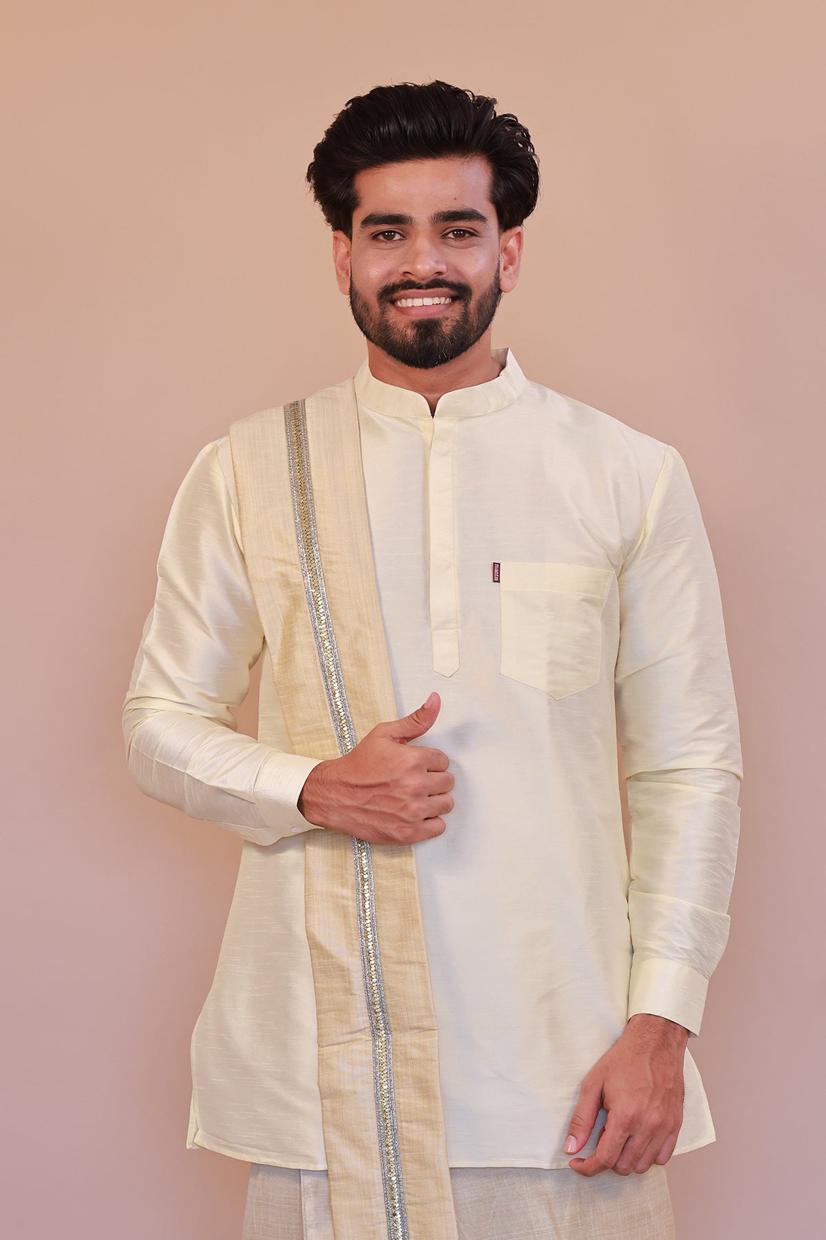 Men's Cream Dupion Silk Short Kurta - Full Sleeve Elegant Casual Ethnic Wear