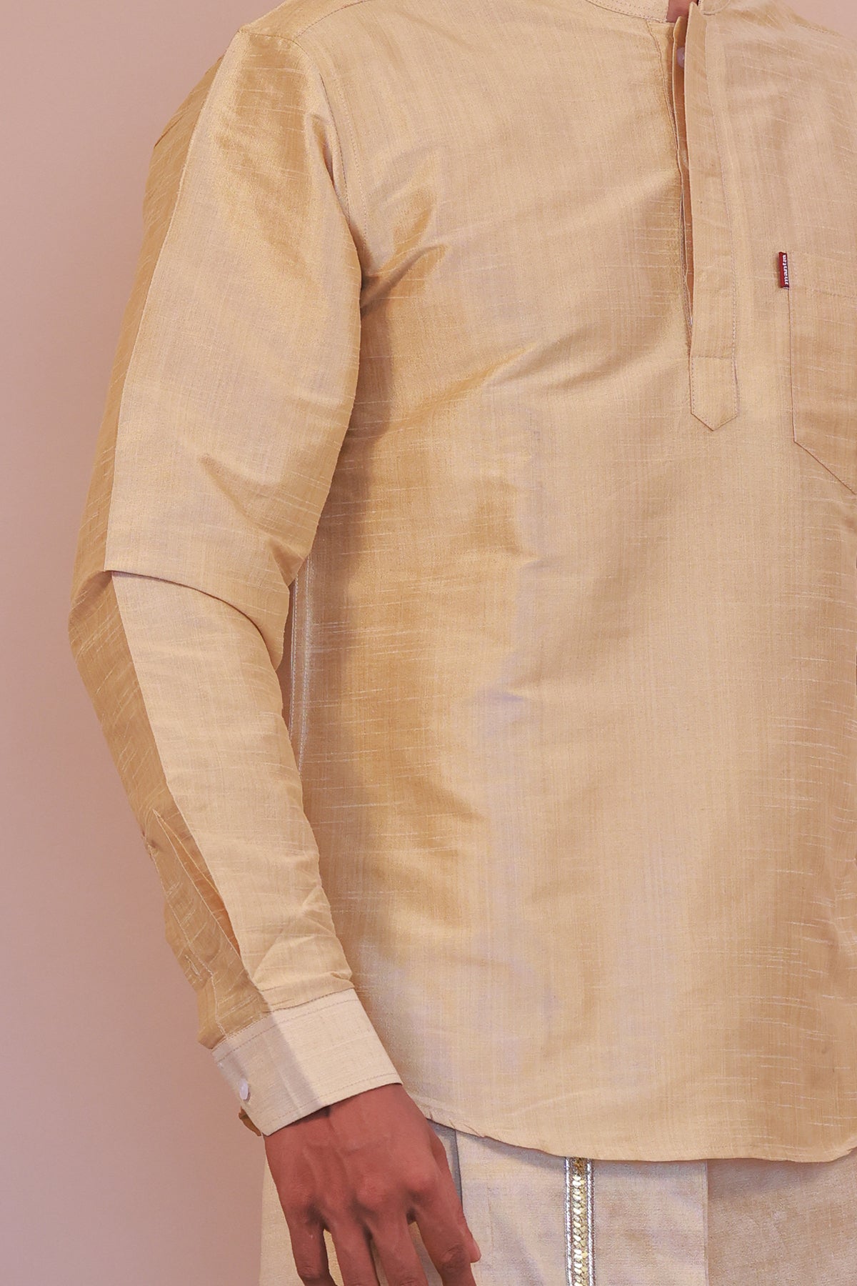 Men's Gold 3 Slub Zara Silk Short Kurta - Full Sleeve Ethnic Wear for Festive & Casual Occasions