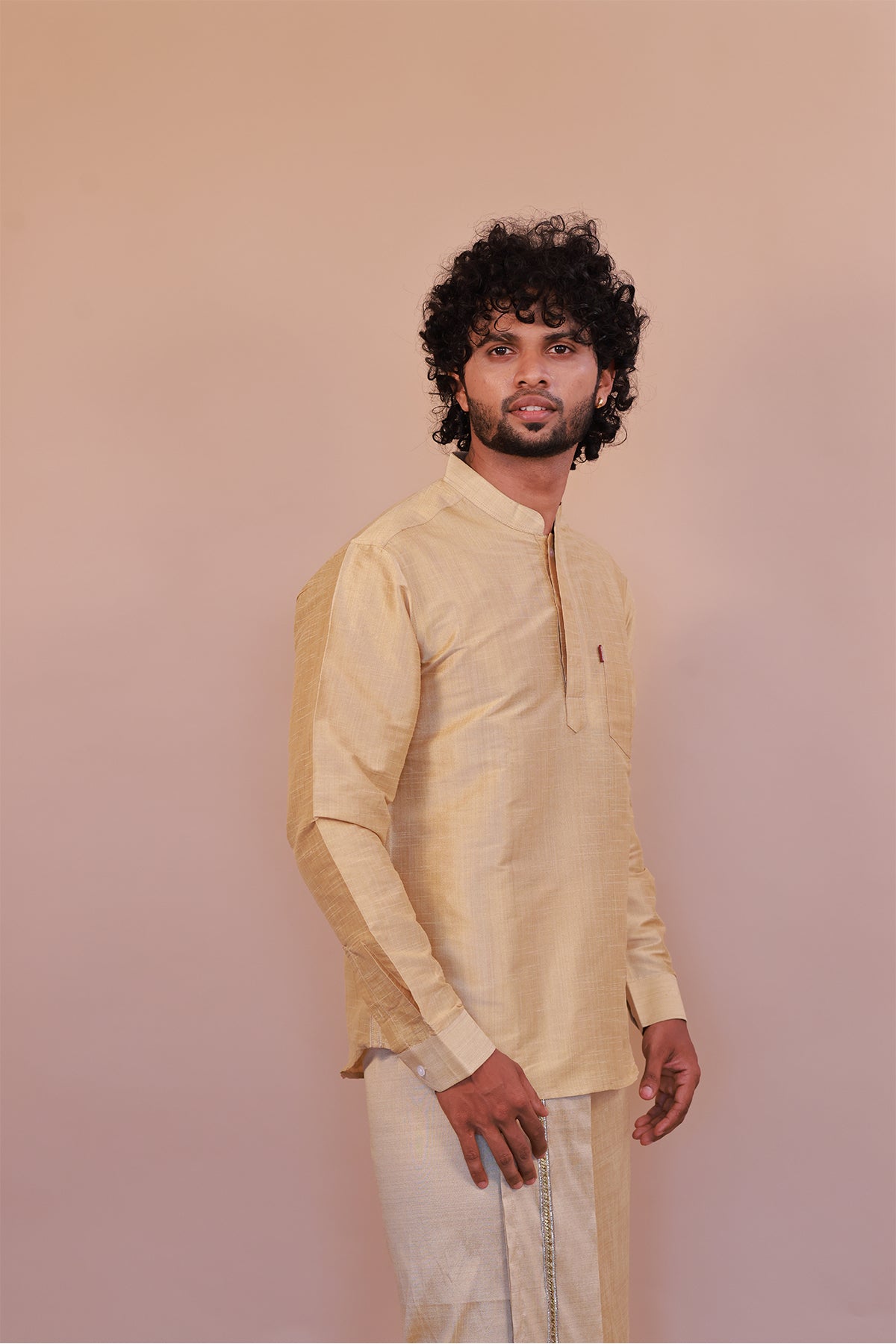 Men's Gold 3 Slub Zara Silk Short Kurta - Full Sleeve Ethnic Wear for Festive & Casual Occasions