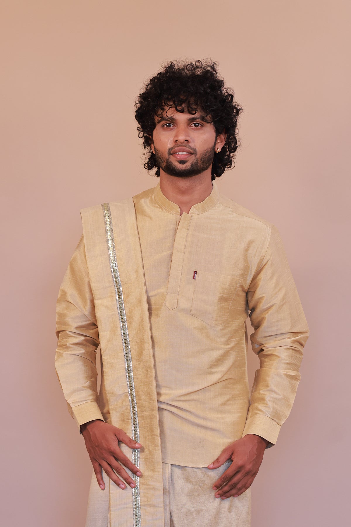 Men's Gold 3 Slub Zara Silk Short Kurta - Full Sleeve Ethnic Wear for Festive & Casual Occasions