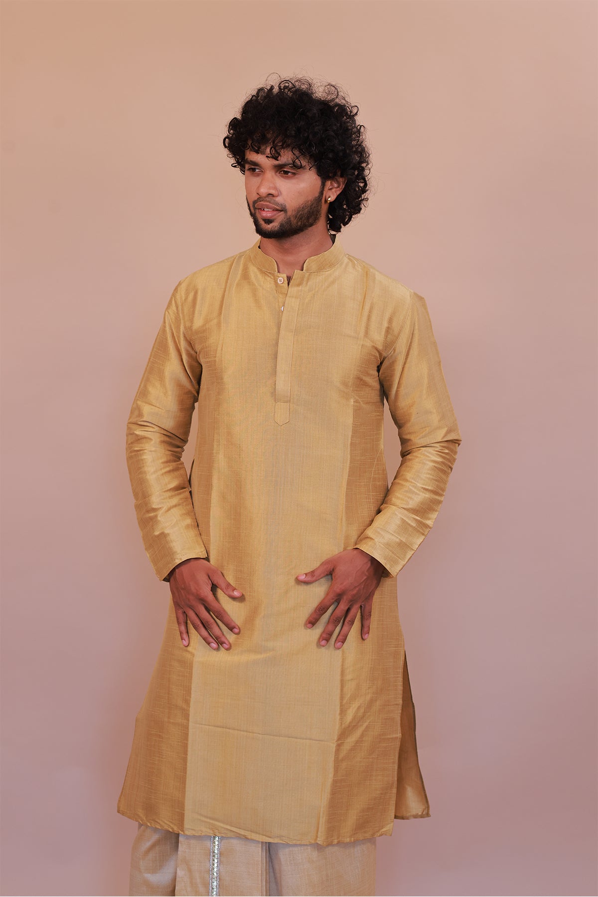 Men's Gold 6 Slub Zara Silk Kurta - Full Sleeve Traditional Ethnic Wear for Weddings & Festivals