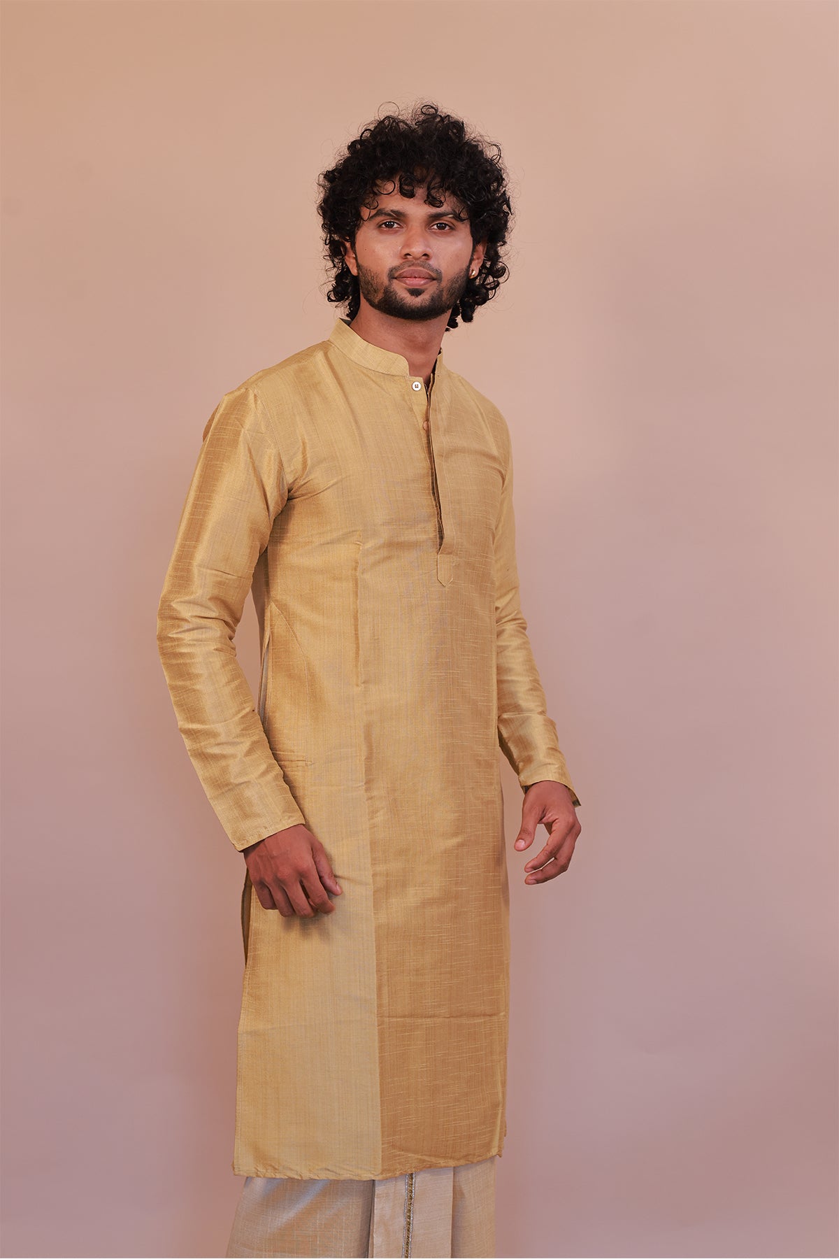 Men's Gold 6 Slub Zara Silk Kurta - Full Sleeve Traditional Ethnic Wear for Weddings & Festivals
