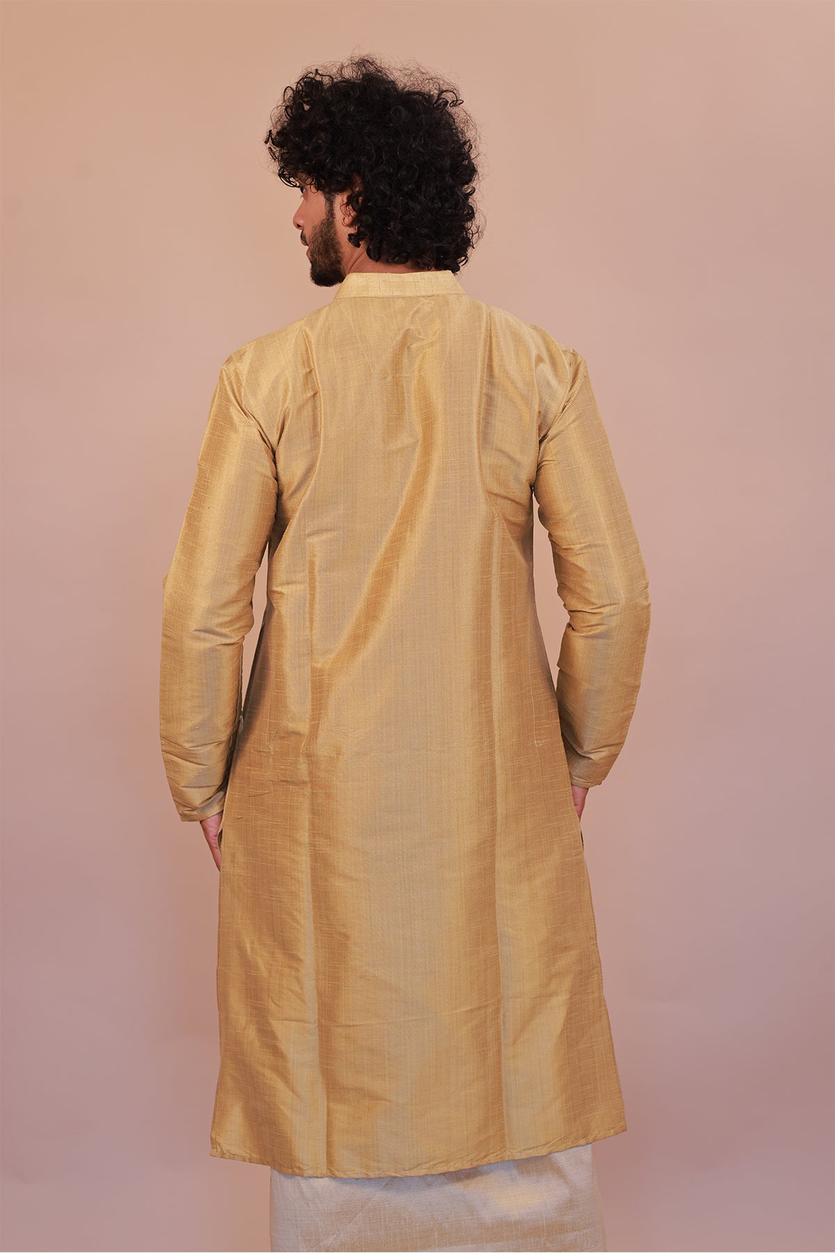 Men's Gold 6 Slub Zara Silk Kurta - Full Sleeve Traditional Ethnic Wear for Weddings & Festivals