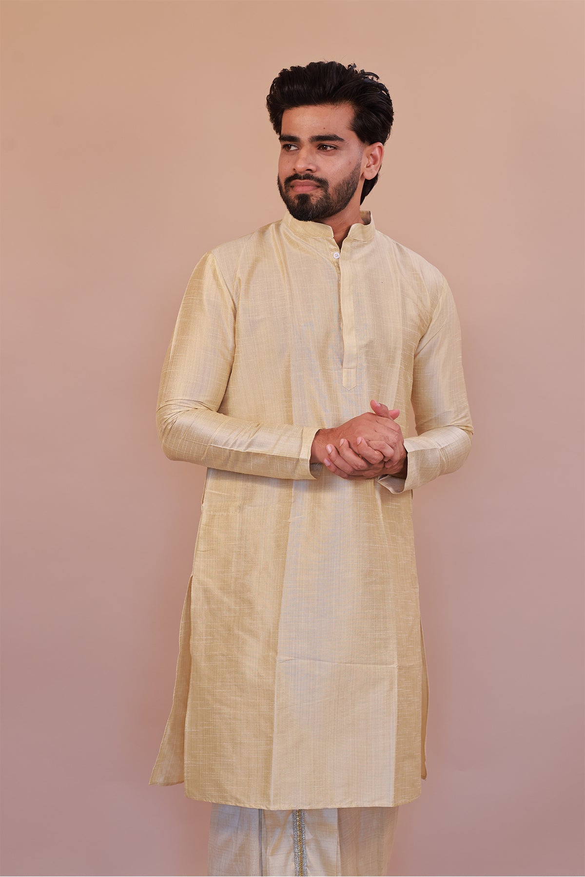 Men's Gold 1 Slub Zara Silk Kurta - Full Sleeve Traditional Ethnic Wear for Weddings & Festivals