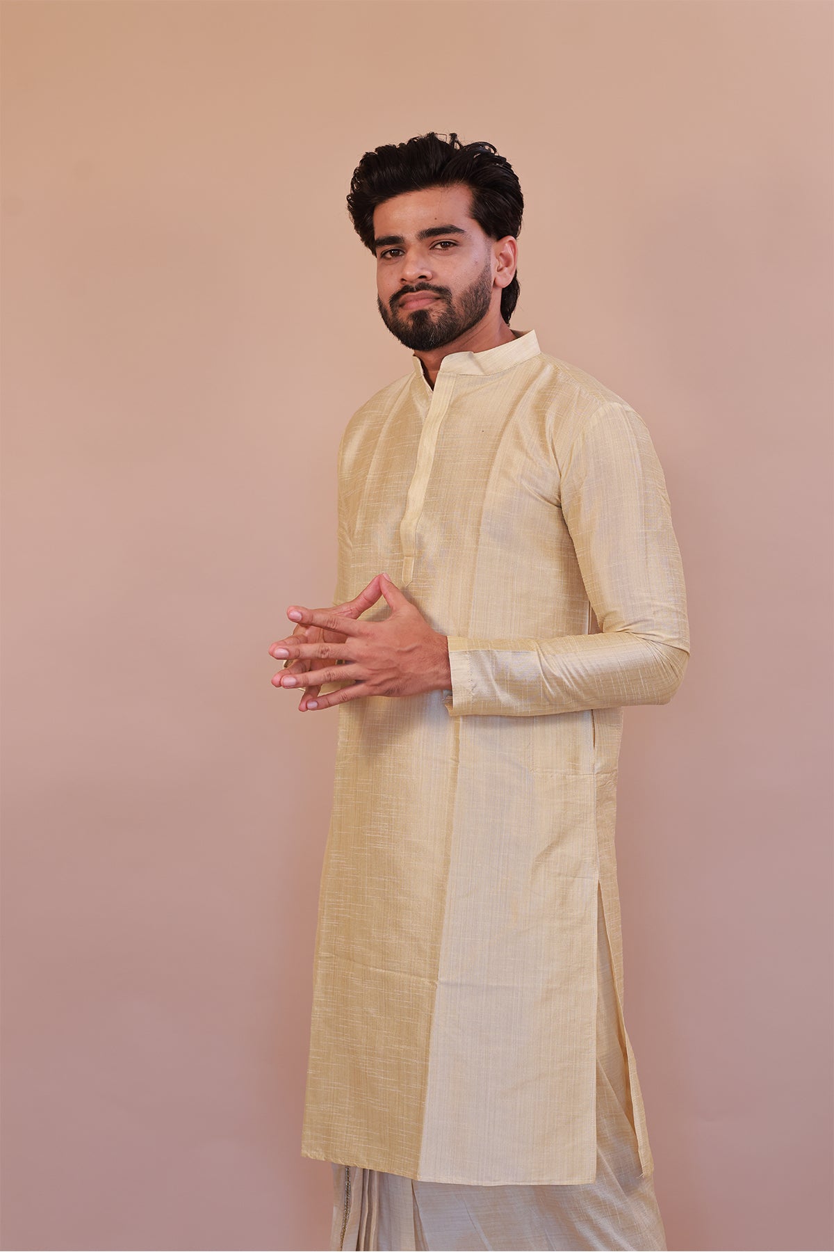 Men's Gold 1 Slub Zara Silk Kurta - Full Sleeve Traditional Ethnic Wear for Weddings & Festivals