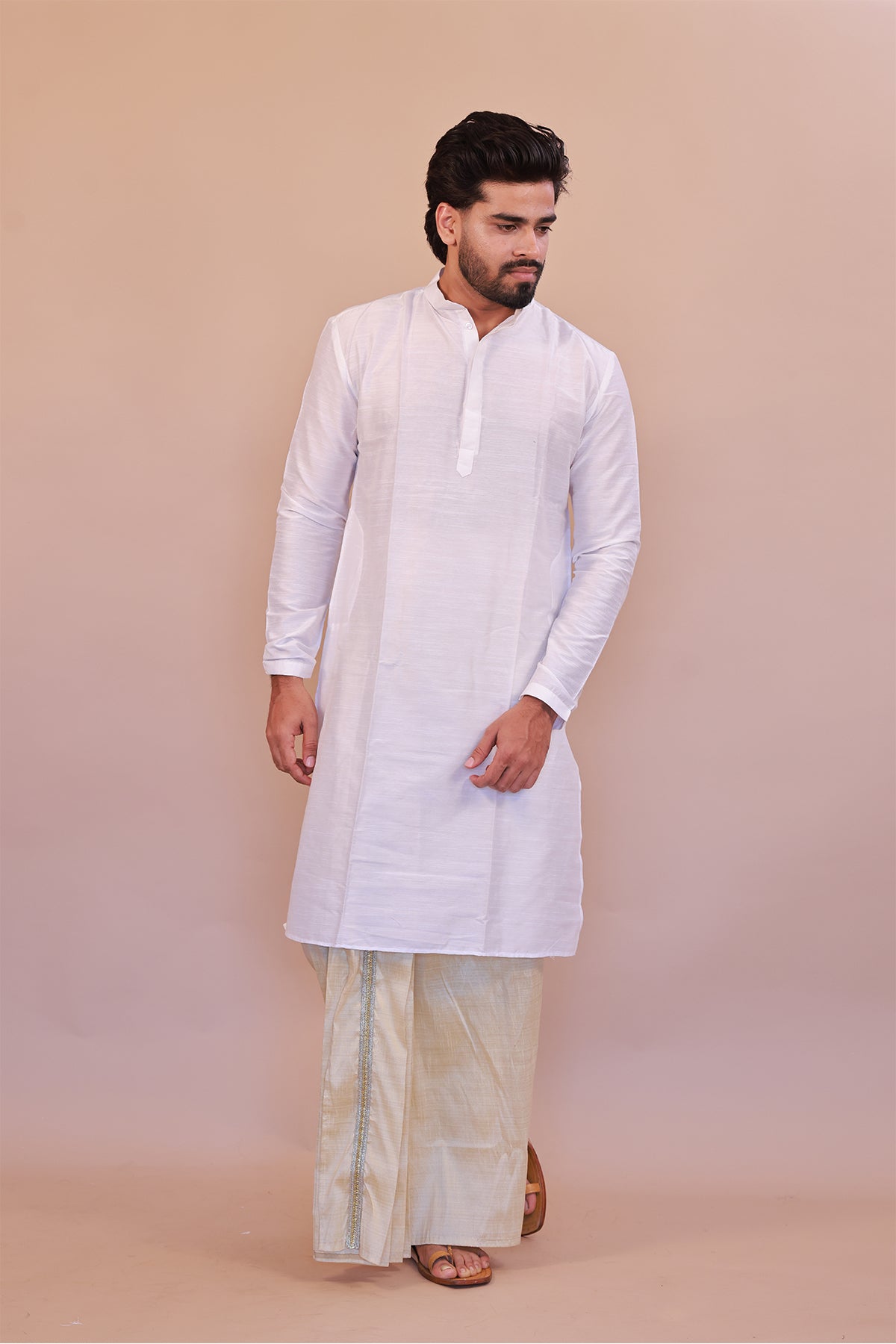 Men's White Slub Cotton Kurta - Full Sleeve Stylish Casual Attire