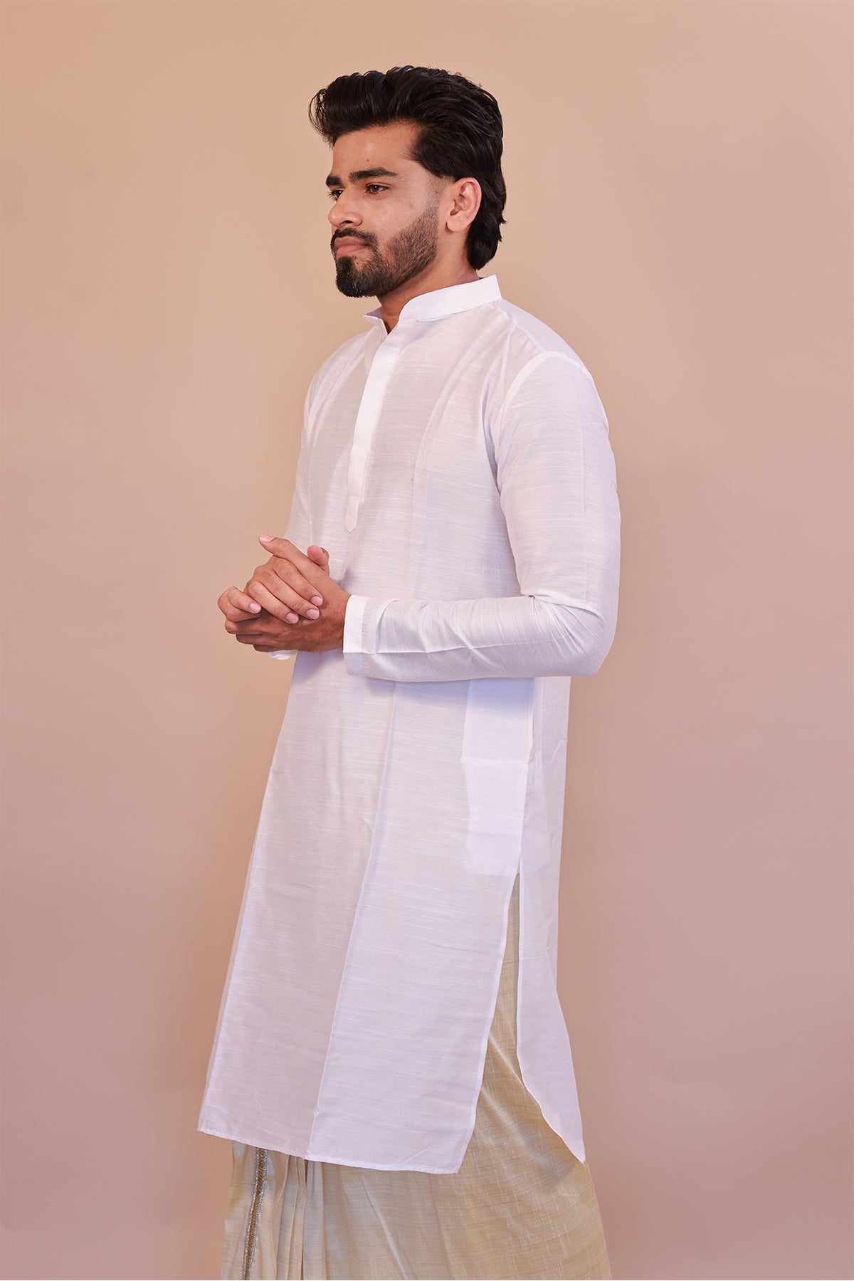 Men's White Slub Cotton Kurta - Full Sleeve Stylish Casual Attire