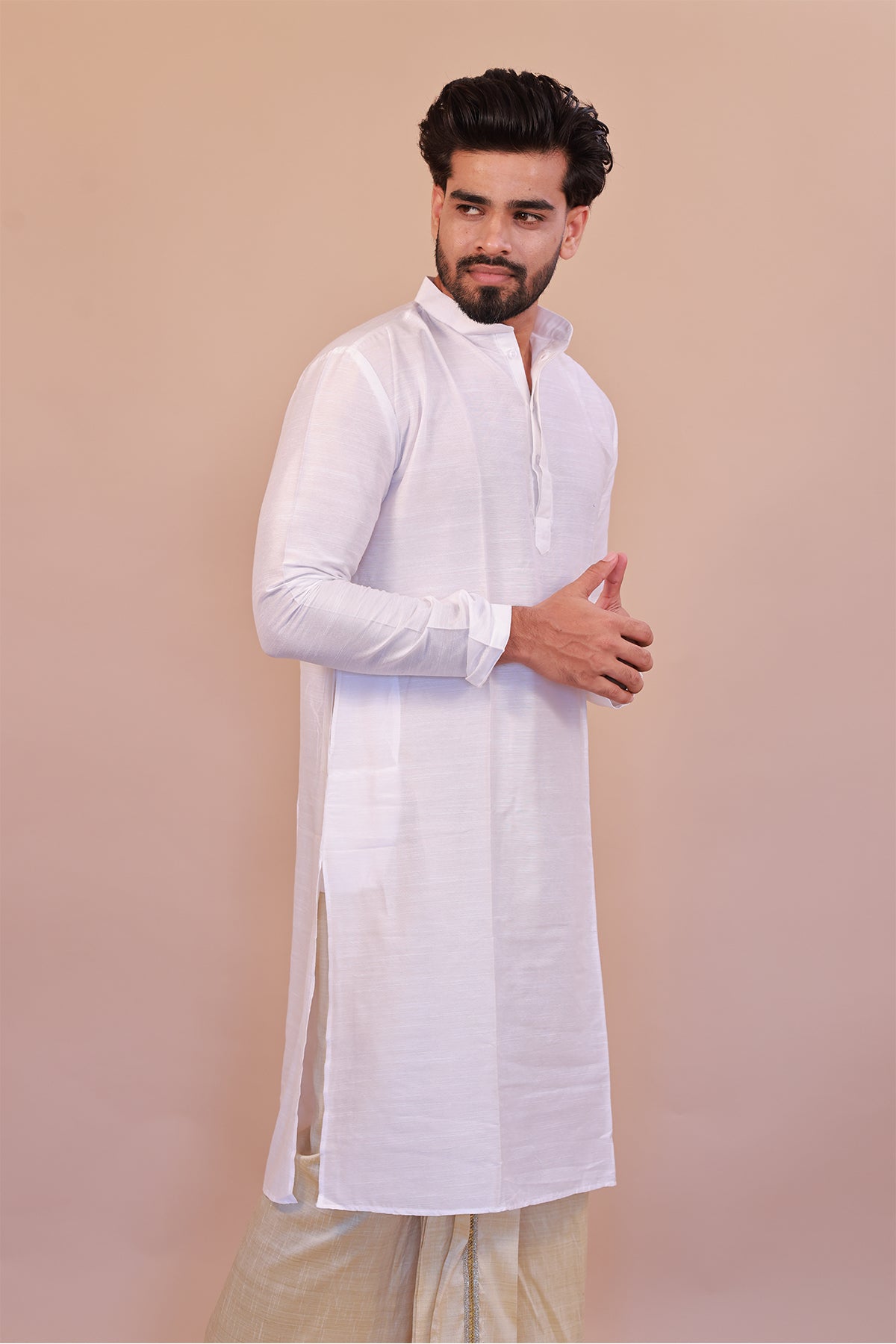 Men's White Slub Cotton Kurta - Full Sleeve Stylish Casual Attire