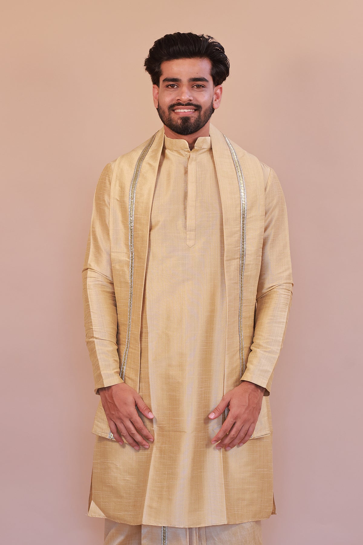 Men's Gold 3 Slub Zara Silk Kurta - Full Sleeve Traditional Ethnic Wear for Weddings & Festivals