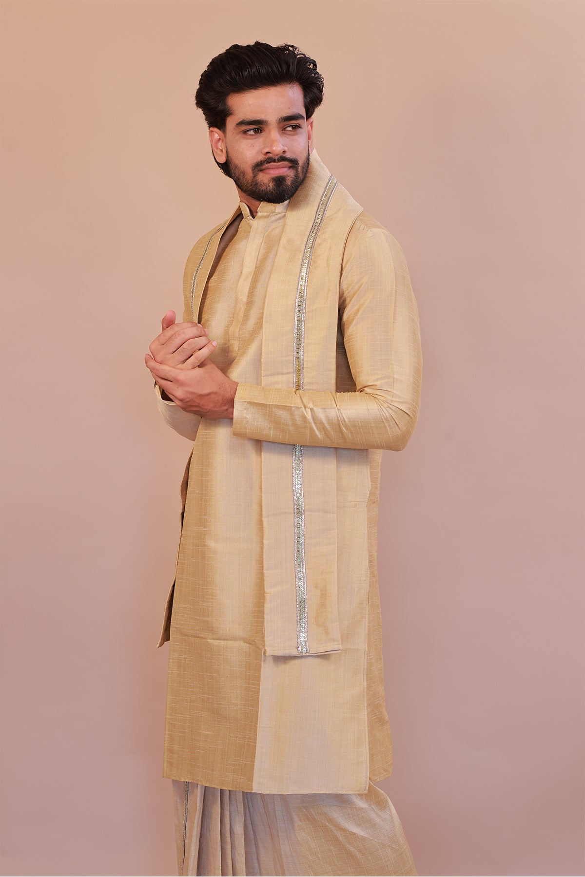 Men's Gold 3 Slub Zara Silk Kurta - Full Sleeve Traditional Ethnic Wear for Weddings & Festivals