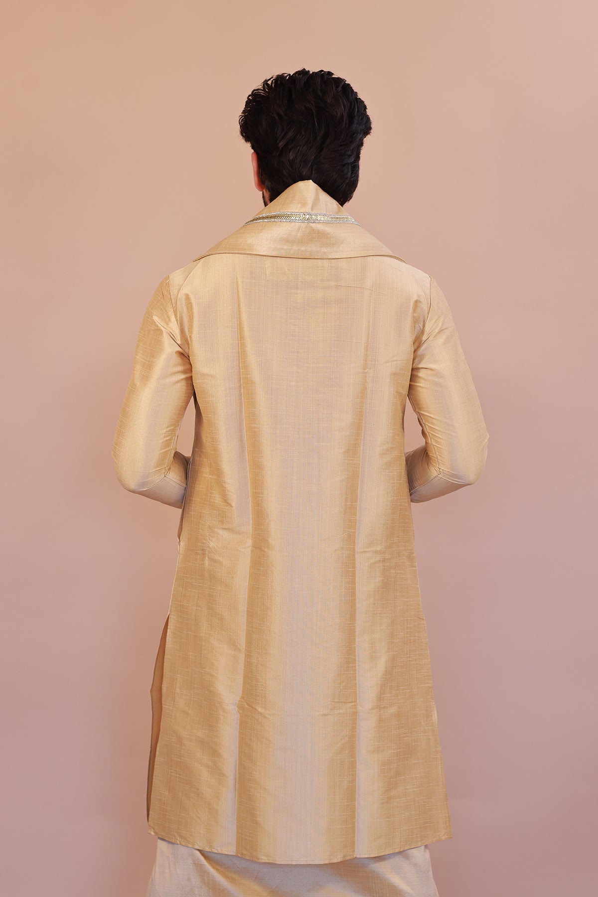 Men's Gold 3 Slub Zara Silk Kurta - Full Sleeve Traditional Ethnic Wear for Weddings & Festivals
