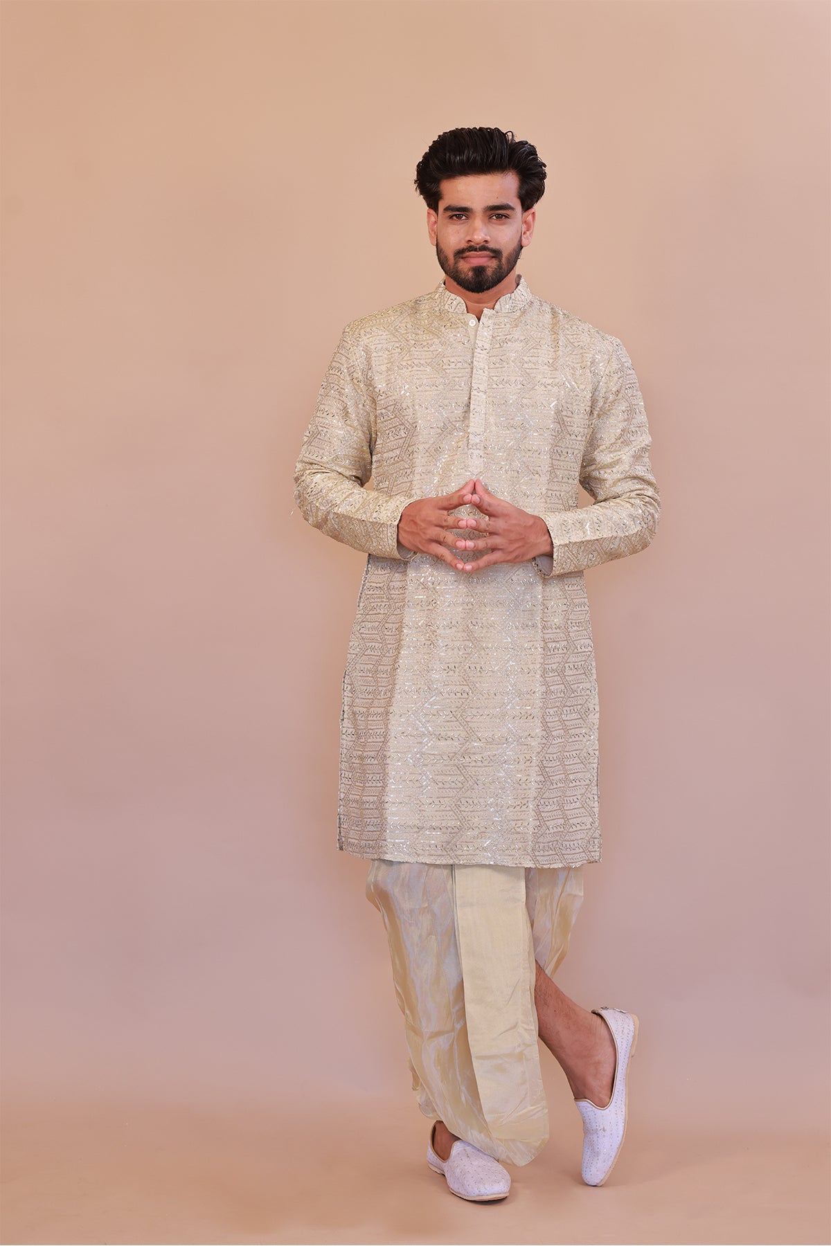 Stylish Men’s Cream Silk Kurta with Kaccha & Shwal