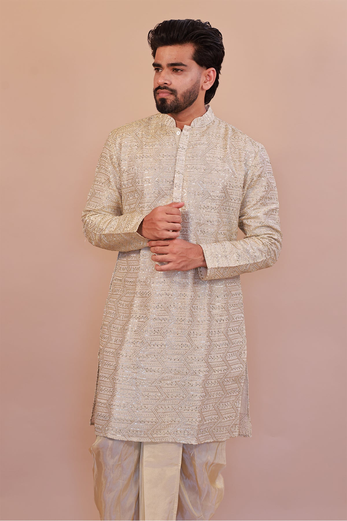 Stylish Men’s Cream Silk Kurta with Kaccha & Shwal