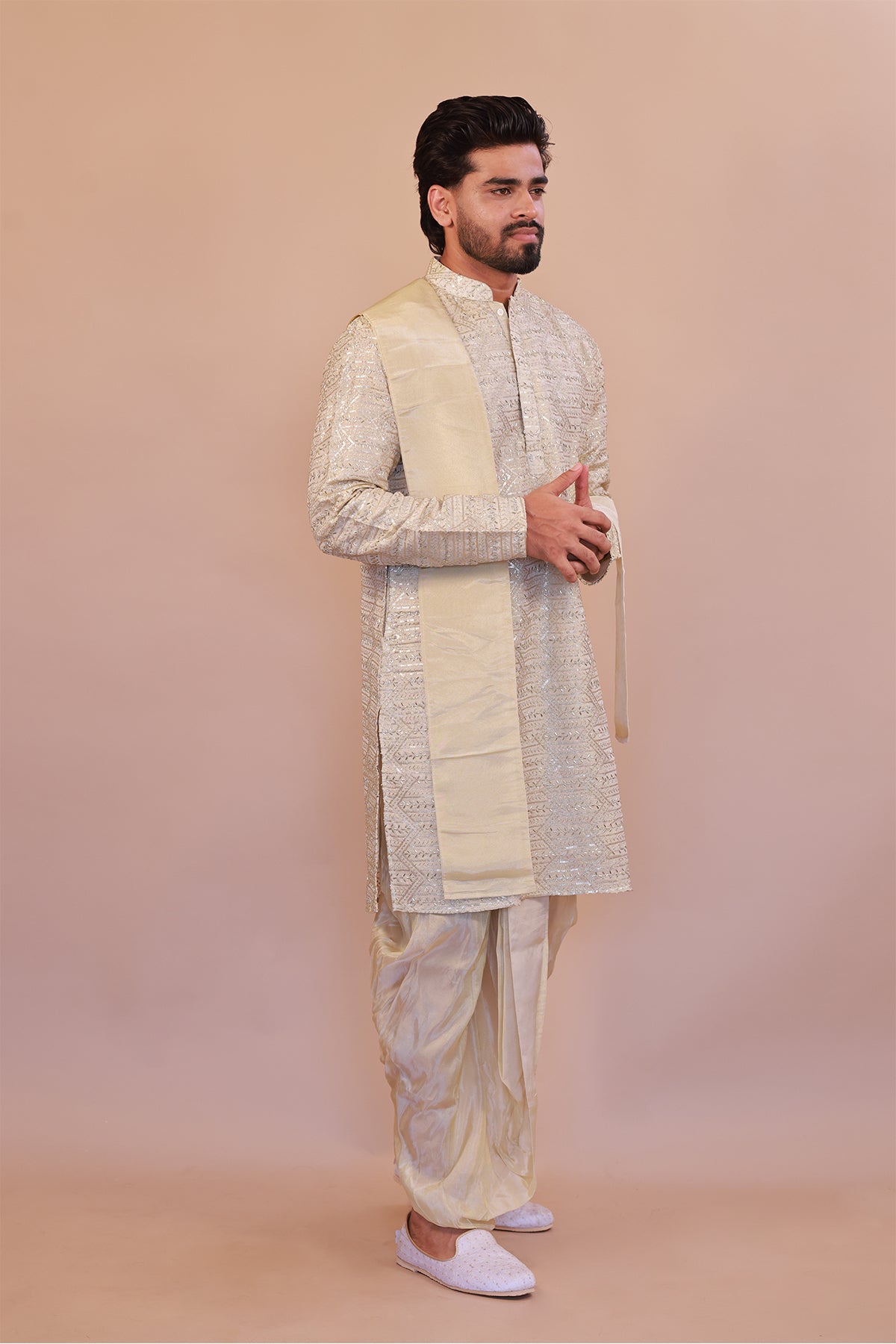 Stylish Men’s Cream Silk Kurta with Kaccha & Shwal