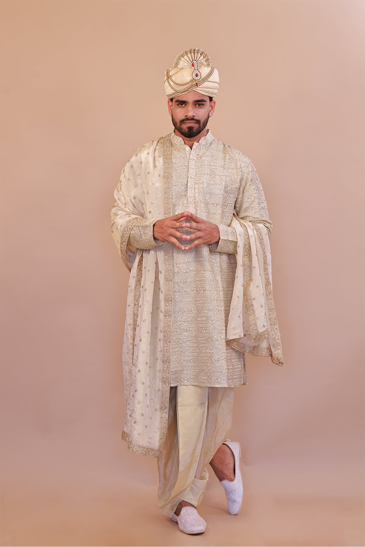 Stylish Men’s Cream Silk Kurta with Kaccha & Shwal