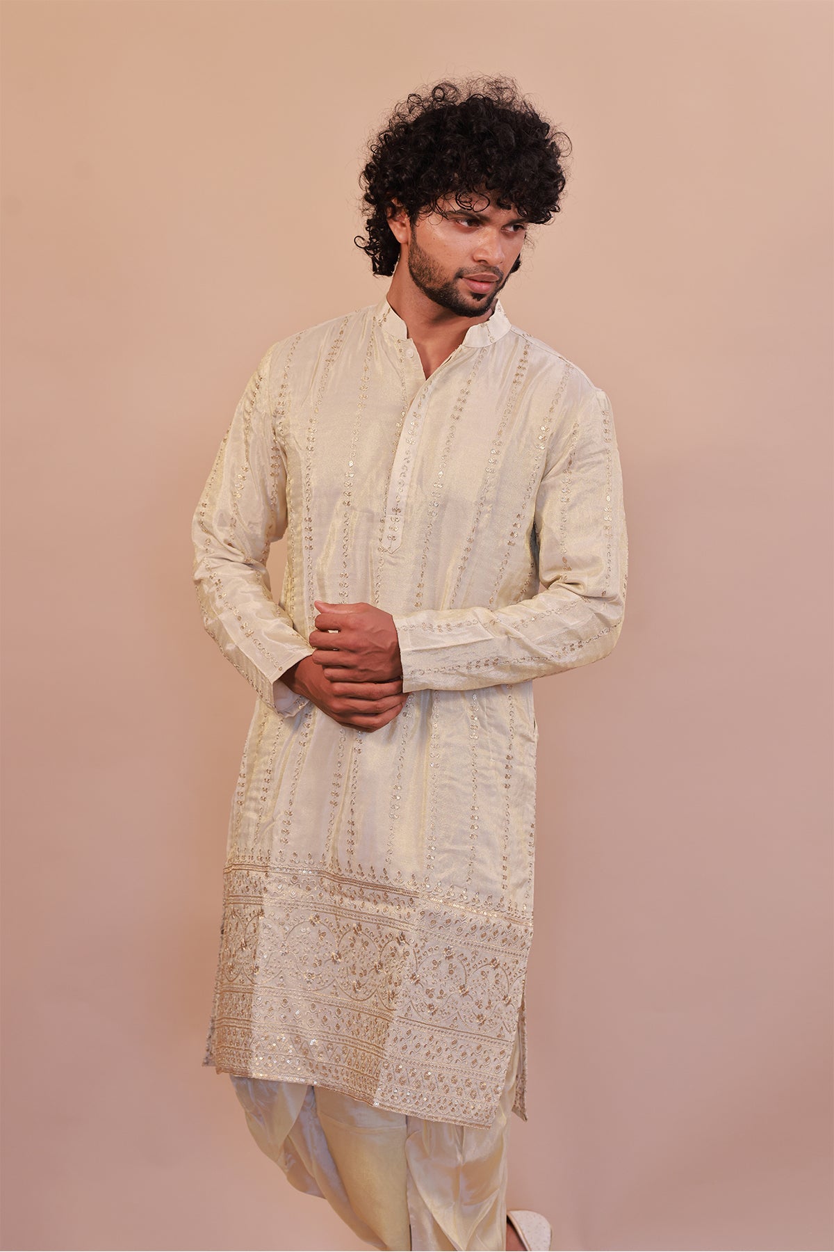 Premium Cream Silk Kurta Set with Intricate Embroidery