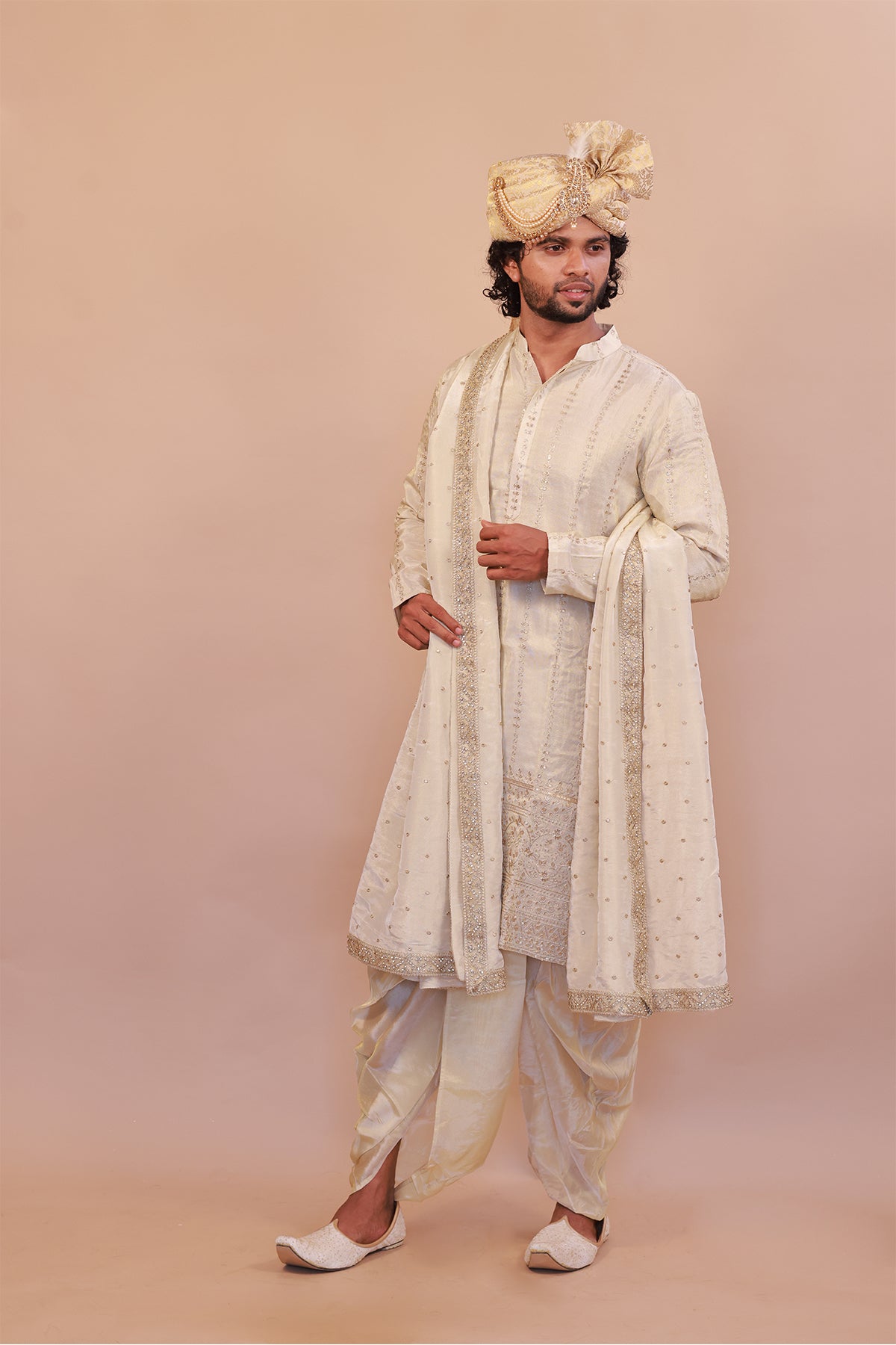 Premium Cream Silk Kurta Set with Intricate Embroidery