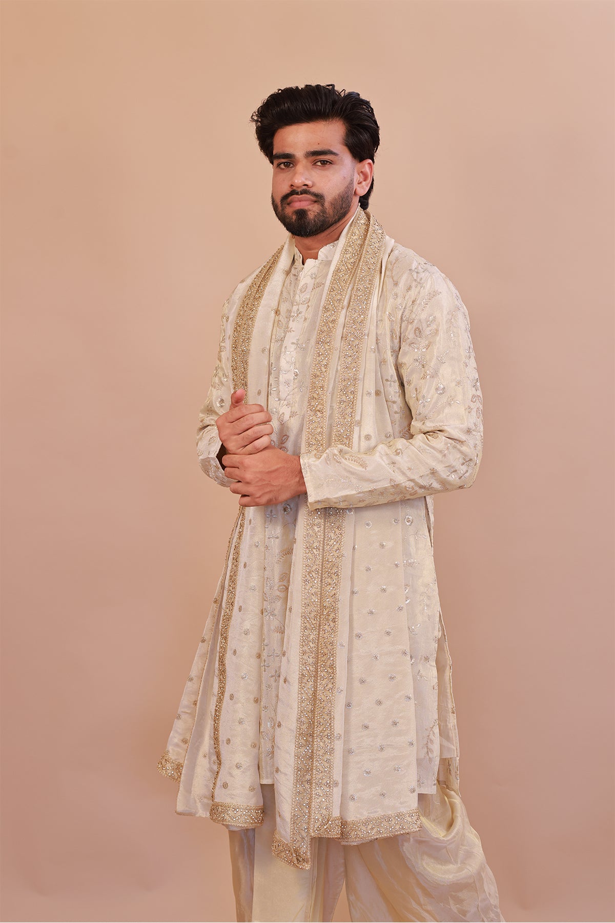Men’s Elegant Cream Silk Kurta with Plain Kaccha & Shwal