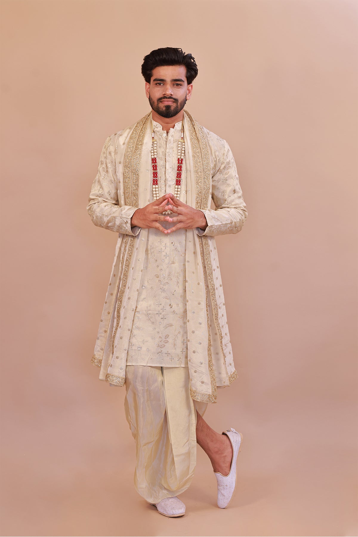 Men’s Elegant Cream Silk Kurta with Plain Kaccha & Shwal