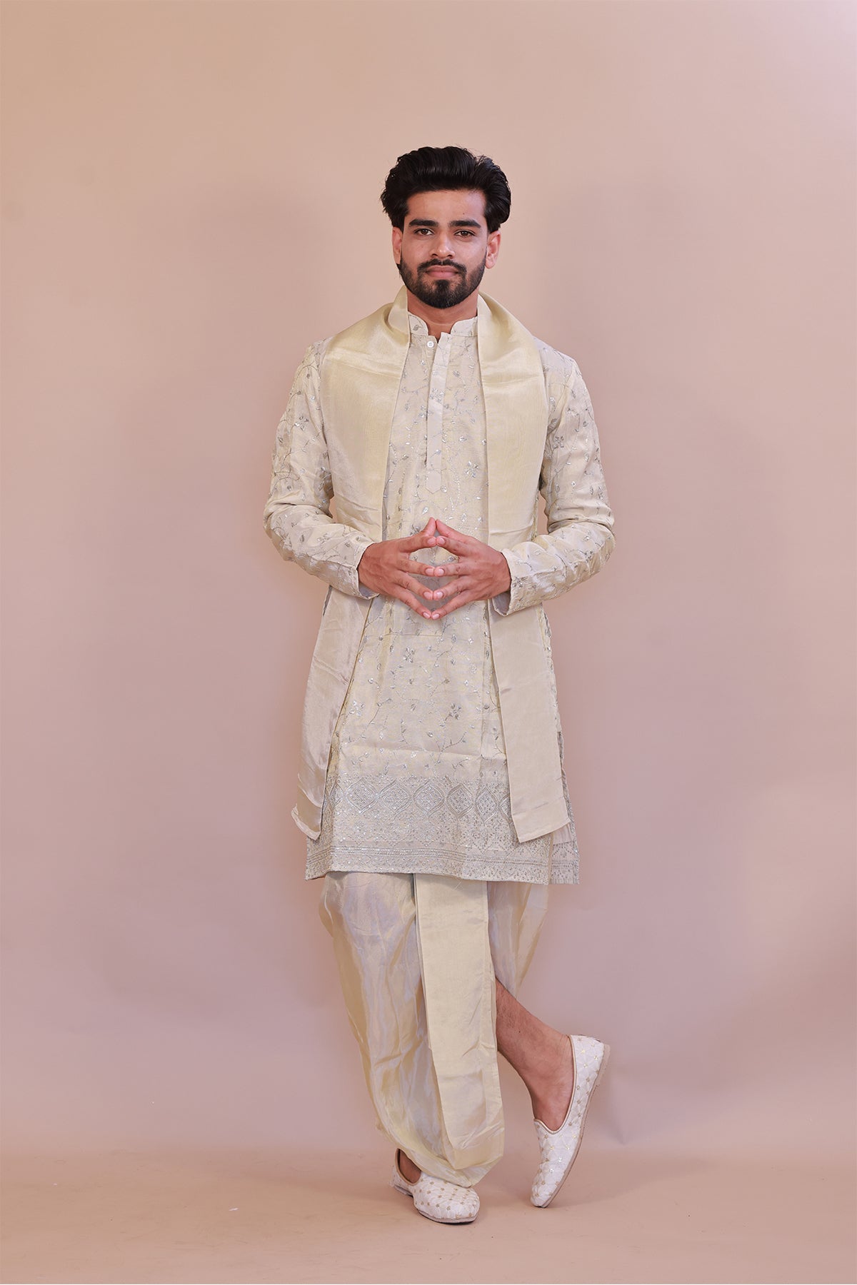 Embroidered Silk Kurta Set in Cream for Men