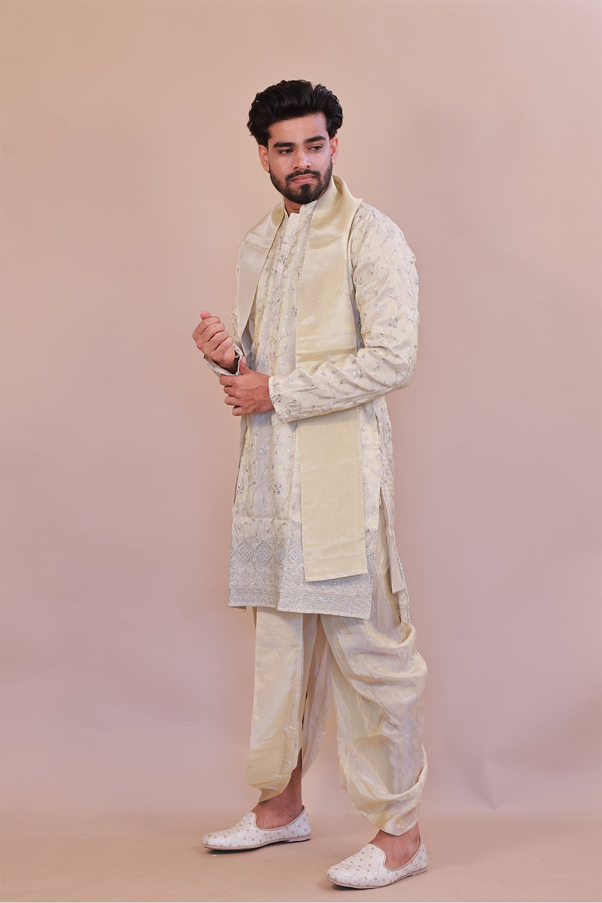 Embroidered Silk Kurta Set in Cream for Men