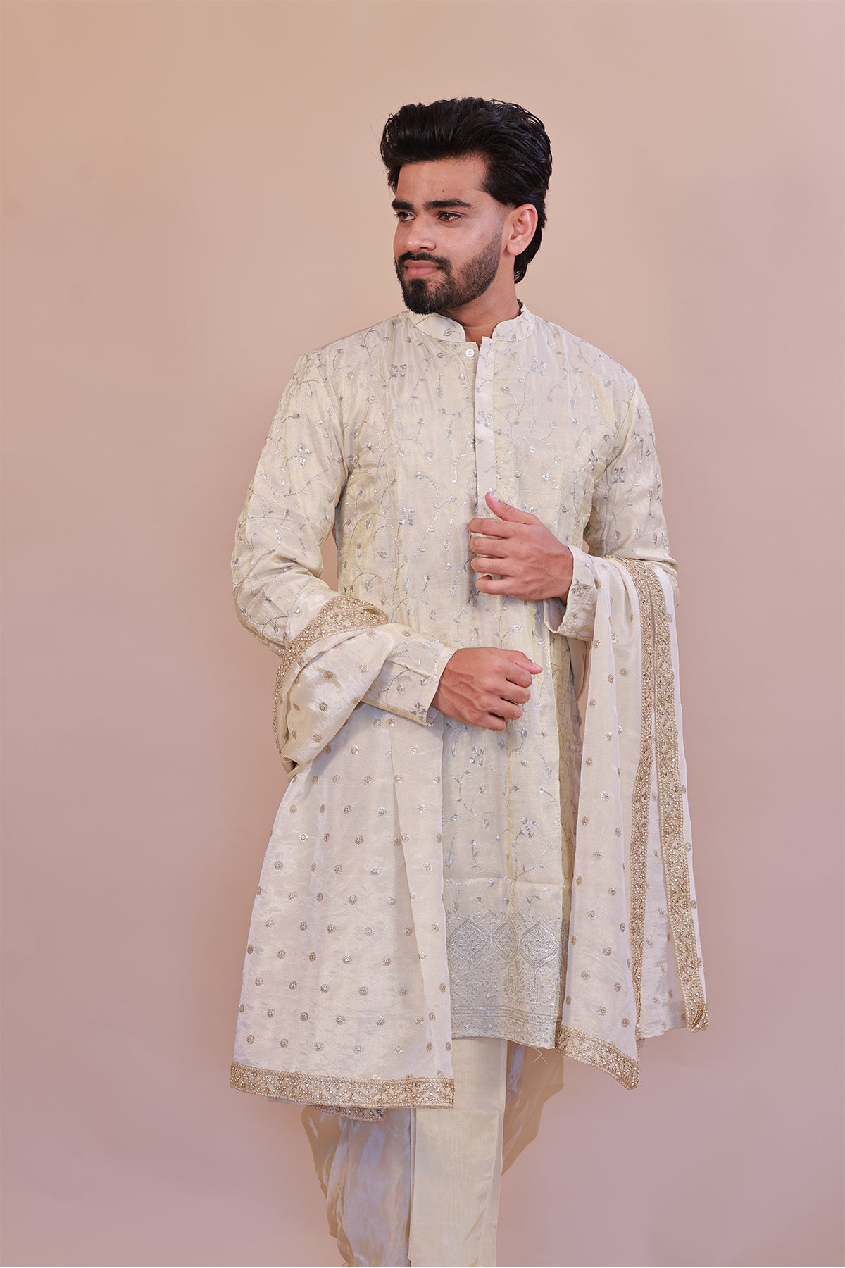 Embroidered Silk Kurta Set in Cream for Men