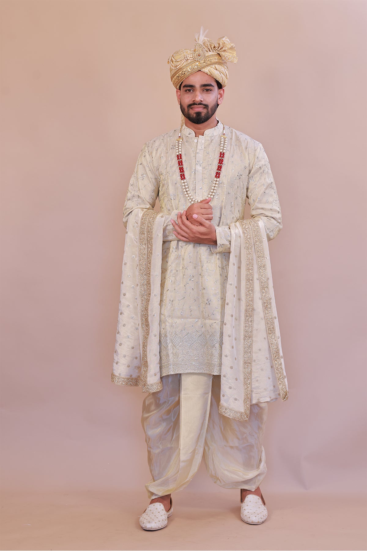 Embroidered Silk Kurta Set in Cream for Men