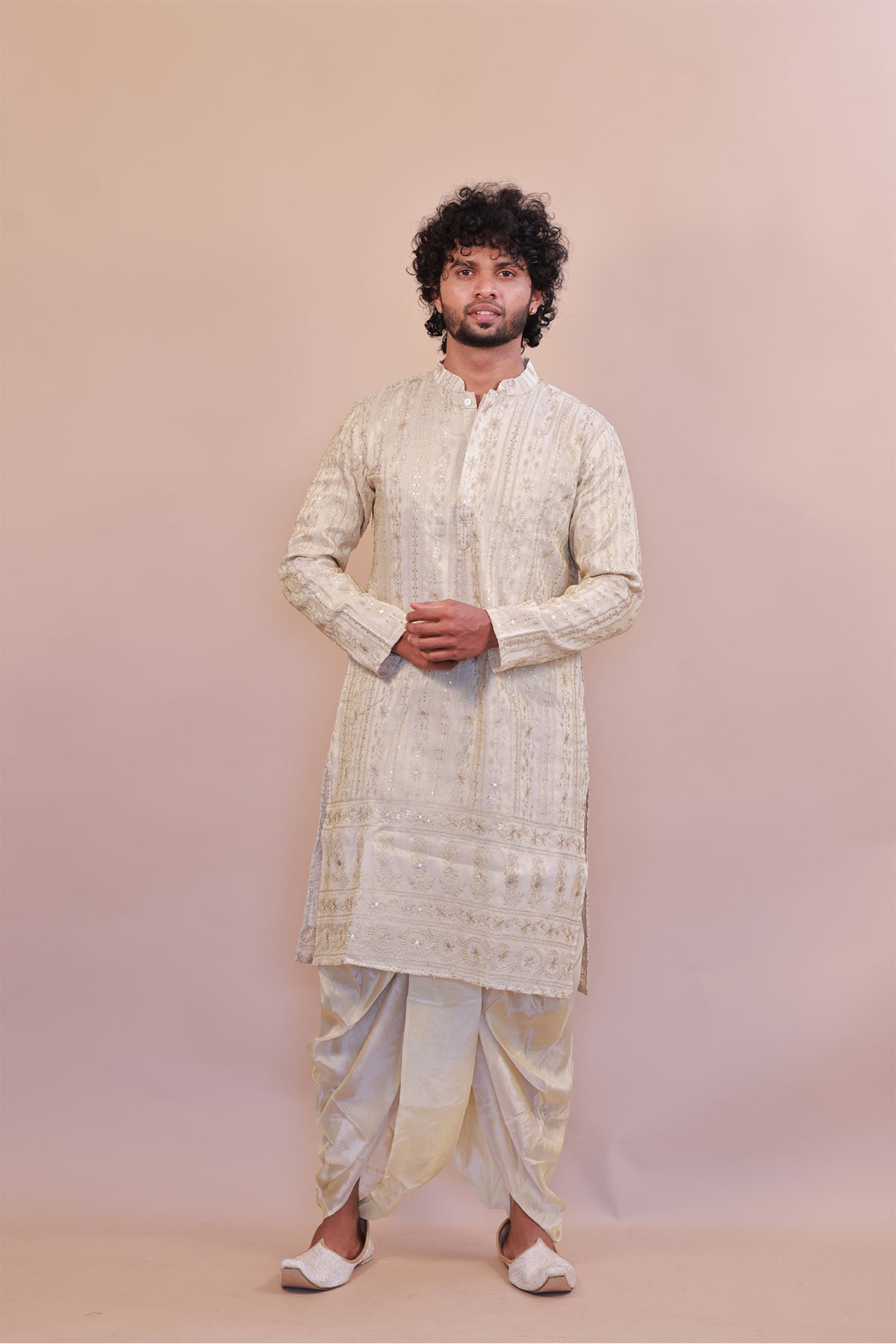 Men’s Cream Silk Kurta with Plain Kaccha & Shwal Ensemble