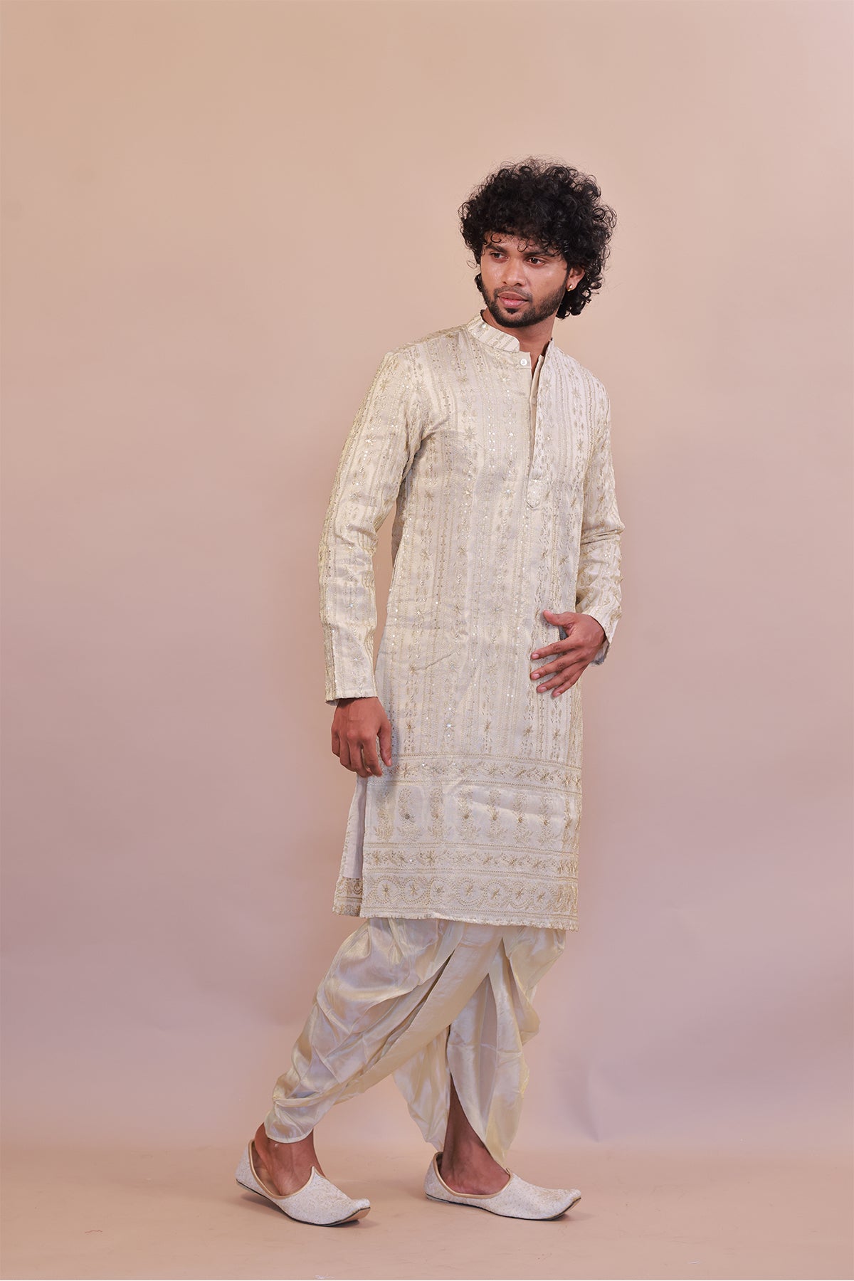 Men’s Cream Silk Kurta with Plain Kaccha & Shwal Ensemble