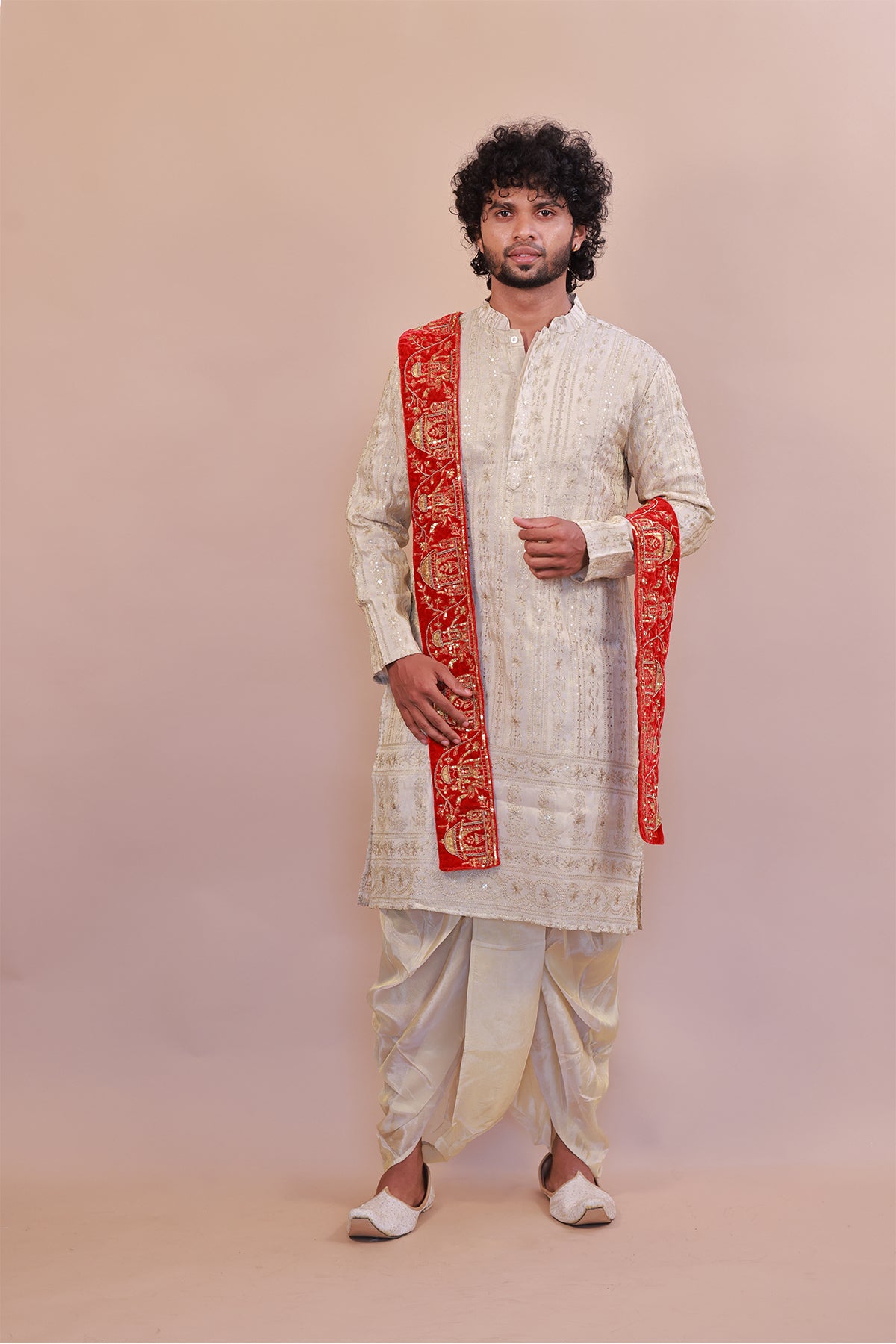 Traditional Red Velvet Shawl for Men with Fine Embroidery and Stonework