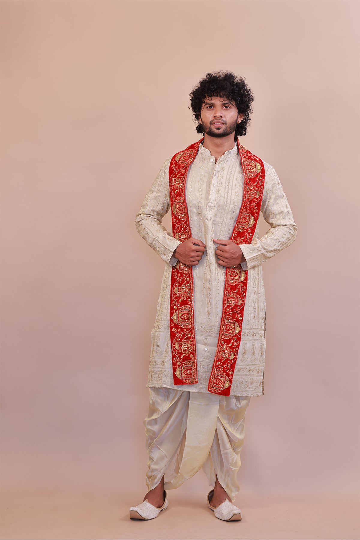 Traditional Red Velvet Shawl for Men with Fine Embroidery and Stonework