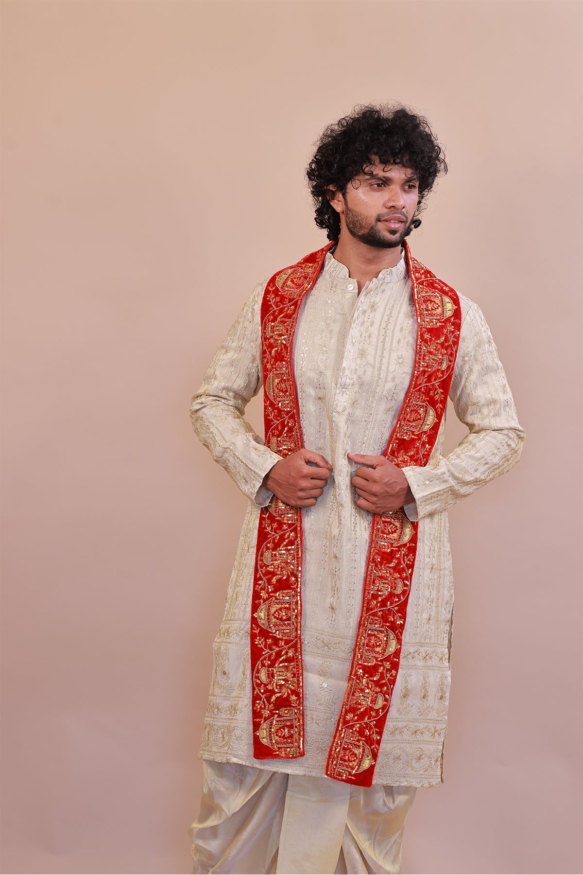 Traditional Red Velvet Shawl for Men with Fine Embroidery and Stonework