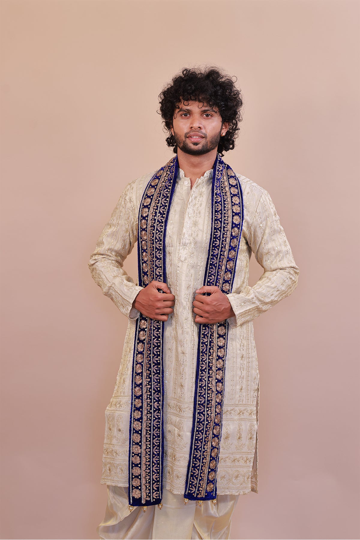Royal Blue Velvet Embroidered Shawl for Men with Stone & Thread Accents