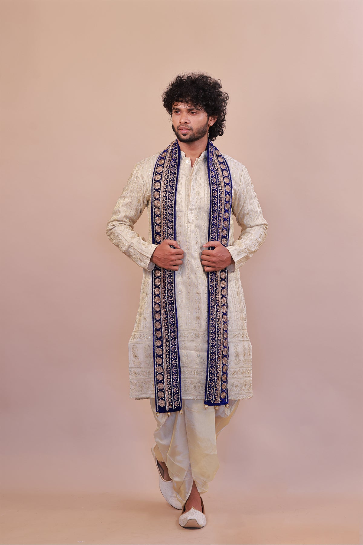 Royal Blue Velvet Embroidered Shawl for Men with Stone & Thread Accents