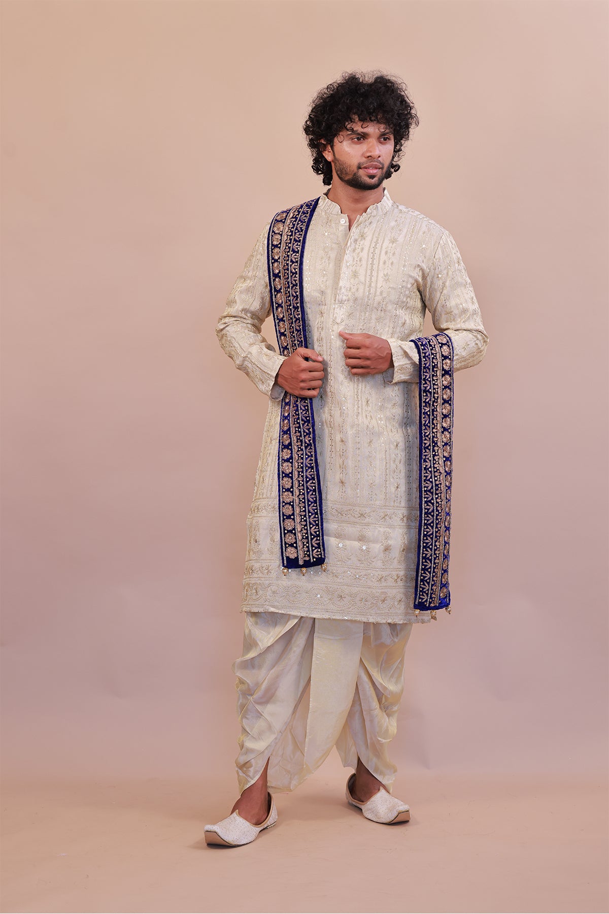 Royal Blue Velvet Embroidered Shawl for Men with Stone & Thread Accents