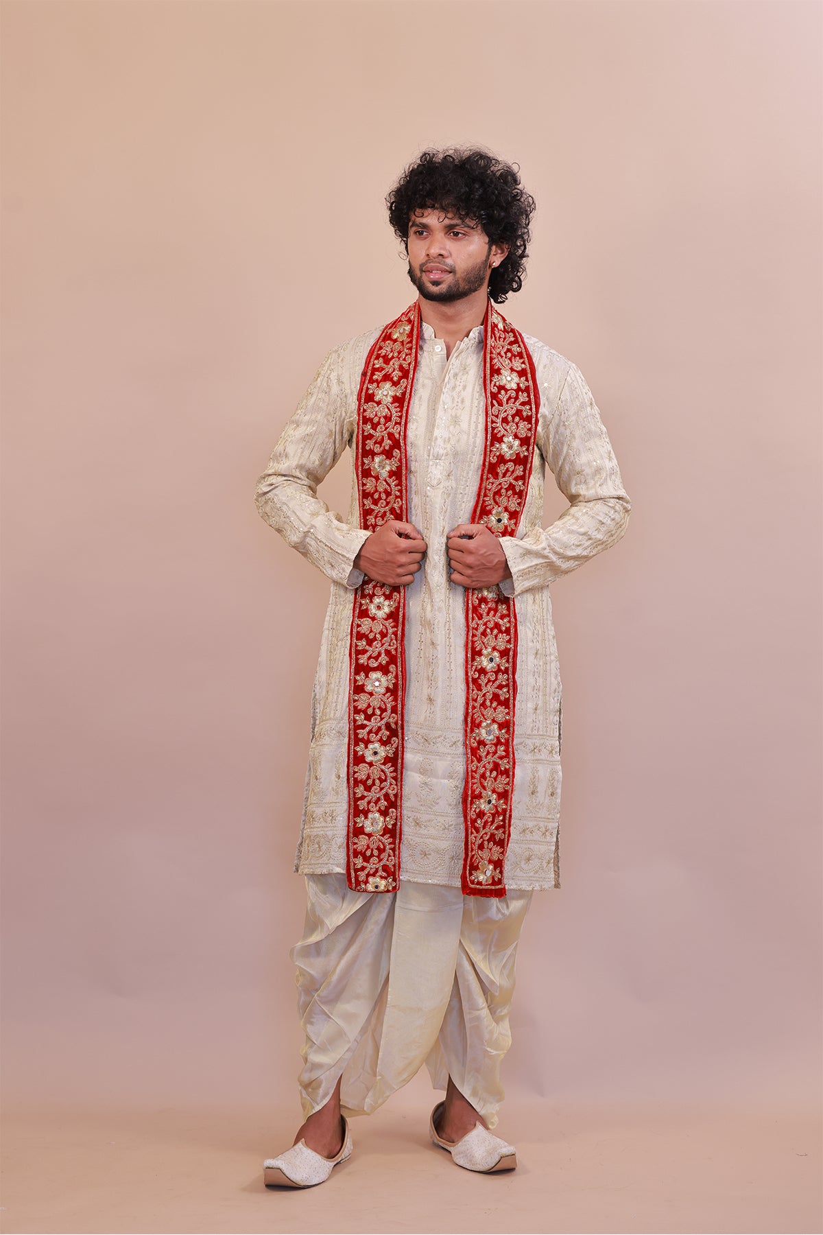 Floral Designer Red Velvet Shawl for Men - Embroidery with Mirror & Beads