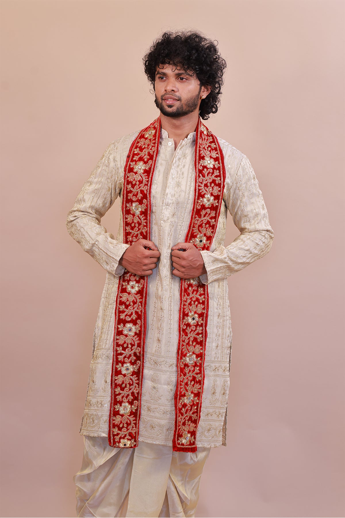 Floral Designer Red Velvet Shawl for Men - Embroidery with Mirror & Beads