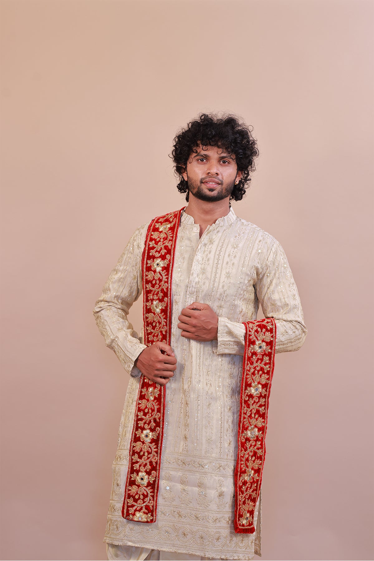 Floral Designer Red Velvet Shawl for Men - Embroidery with Mirror & Beads