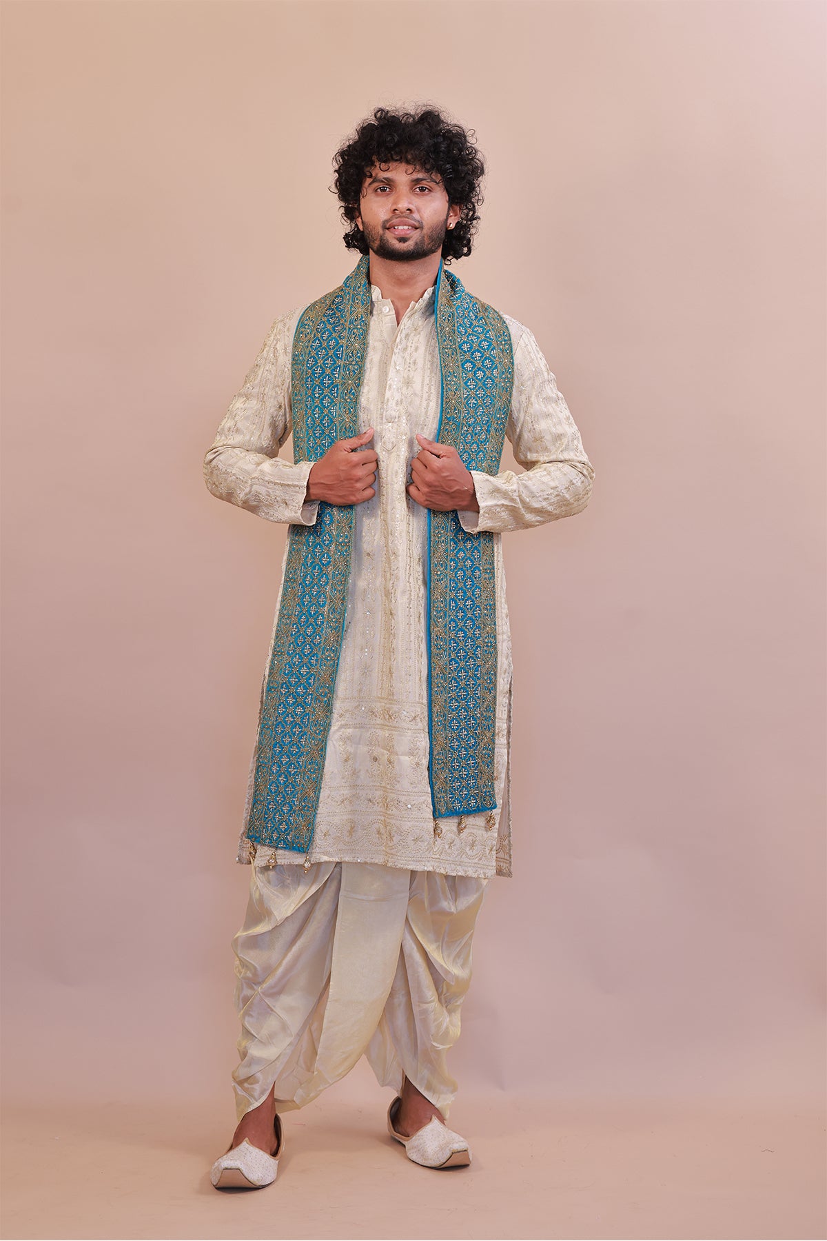 Sky Blue Velvet Shawl for Men – Embellished with Stone & Cutter Beads