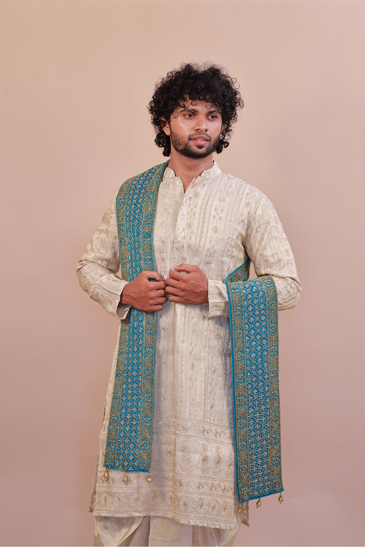 Sky Blue Velvet Shawl for Men – Embellished with Stone & Cutter Beads