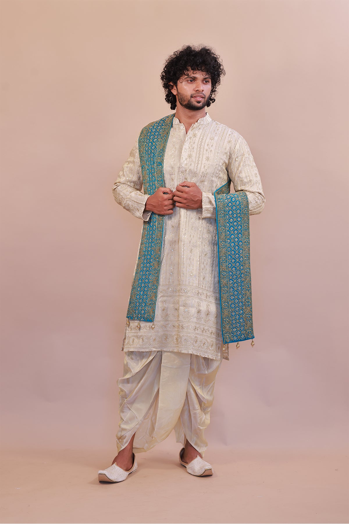 Sky Blue Velvet Shawl for Men – Embellished with Stone & Cutter Beads
