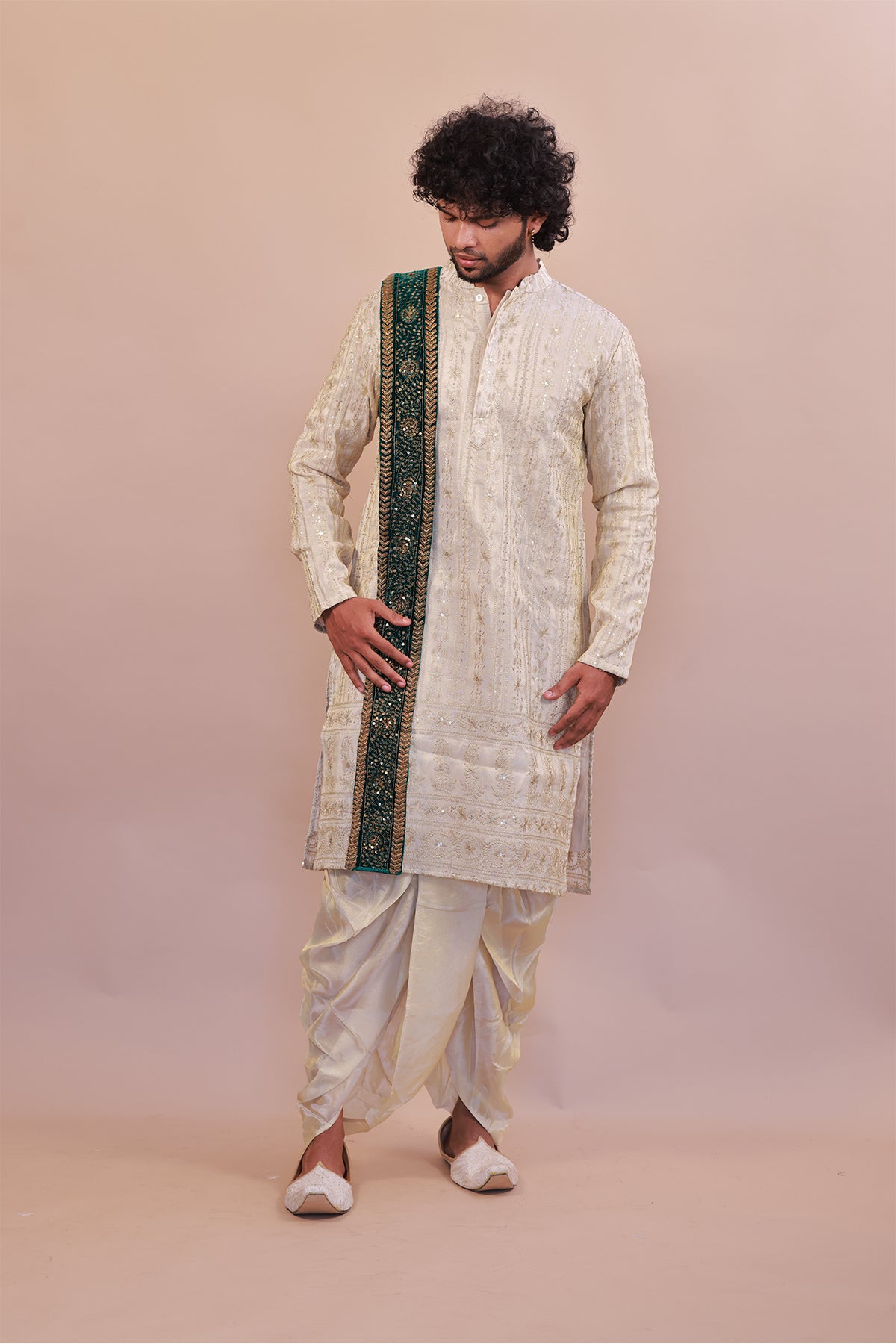 Gold-Embellished Green Velvet Shawl for Weddings & Festive Wear