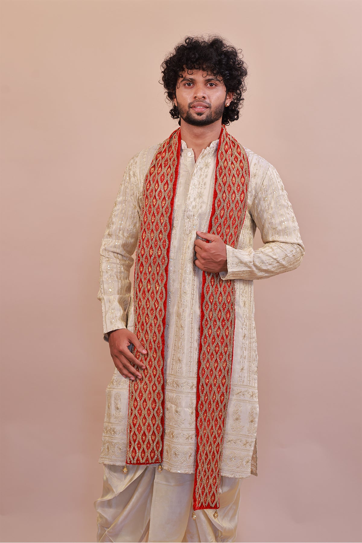 Exquisite Red Velvet Embroidered Shawl with Stones & Gold Beads